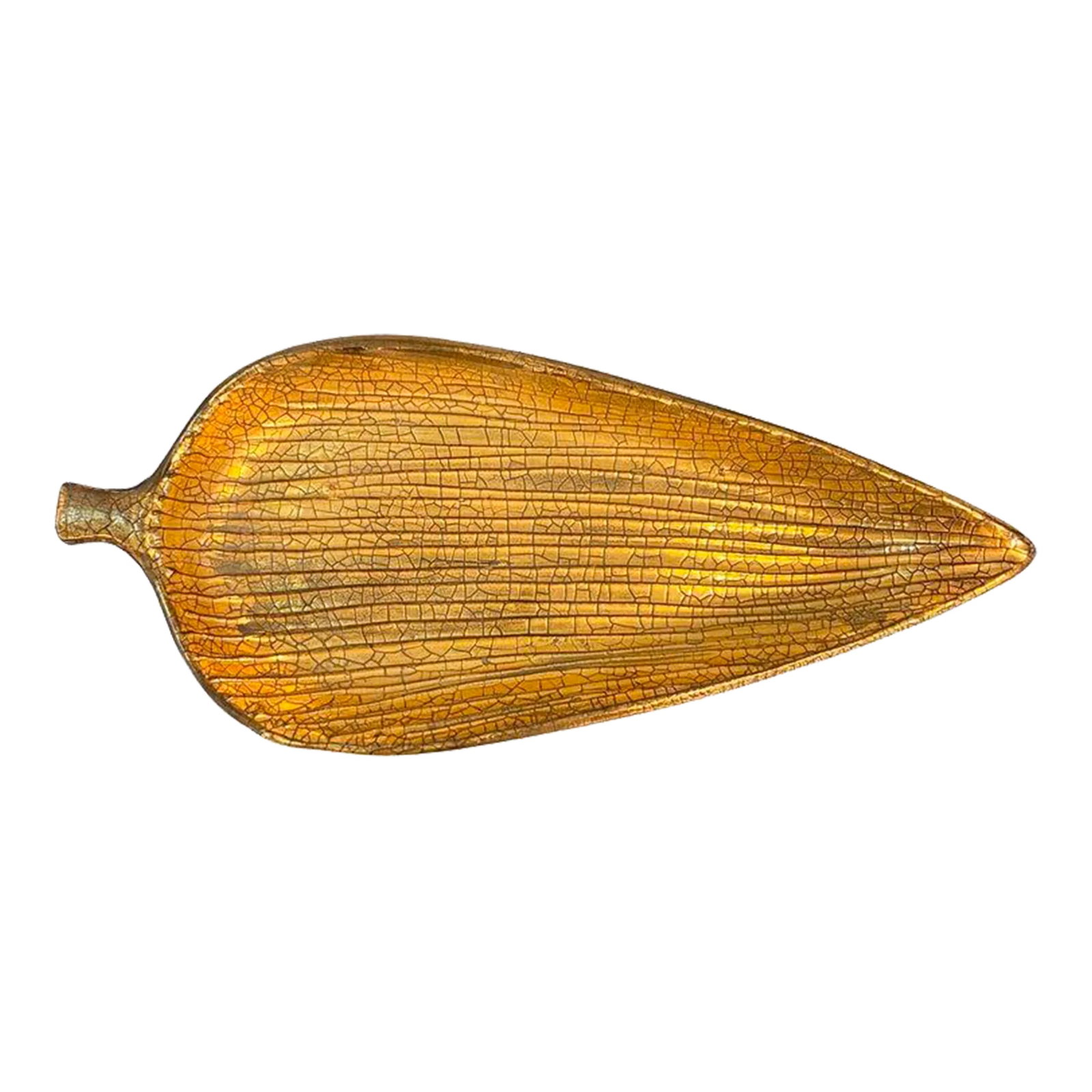 Mid-Century Modern Italian Gilt Art Pottery Leaf Tray: Italian, mid-century modern, art pottery, leaf-shaped tray or dish with gilt crackle textured surface and glazed black underside. A glamourous addition to any surface. Marked Italy. Condition: Alterat