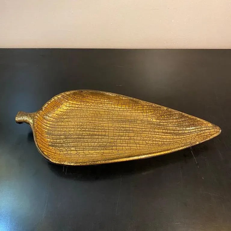 Mid-Century Modern Italian Gilt Art Pottery Leaf Tray - 2
