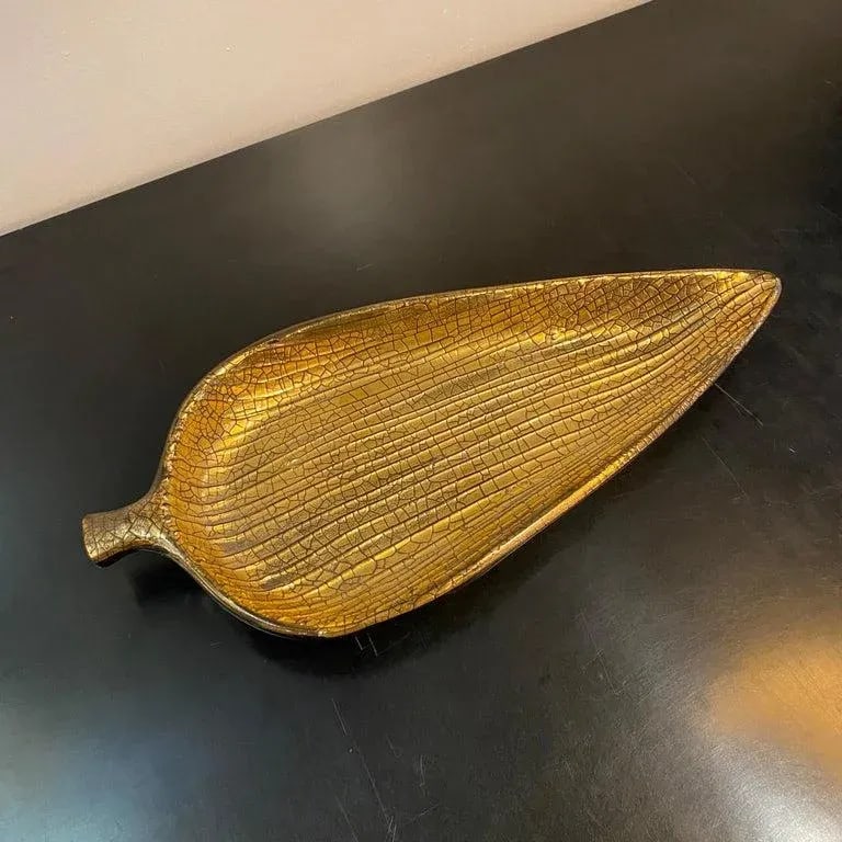 Mid-Century Modern Italian Gilt Art Pottery Leaf Tray - 6