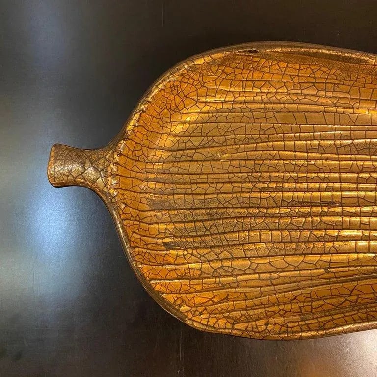 Mid-Century Modern Italian Gilt Art Pottery Leaf Tray - 7