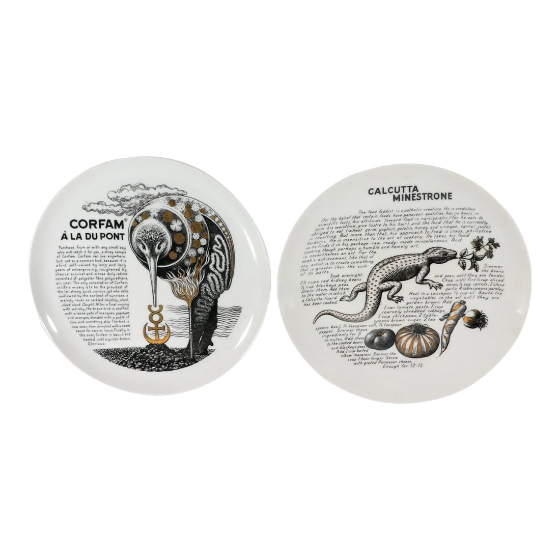 Piero Fornasetti Porcelain Cook Plates-Calcutta Minestrone and Corfam Du Pont With Original Faux Hid (1 of 11)