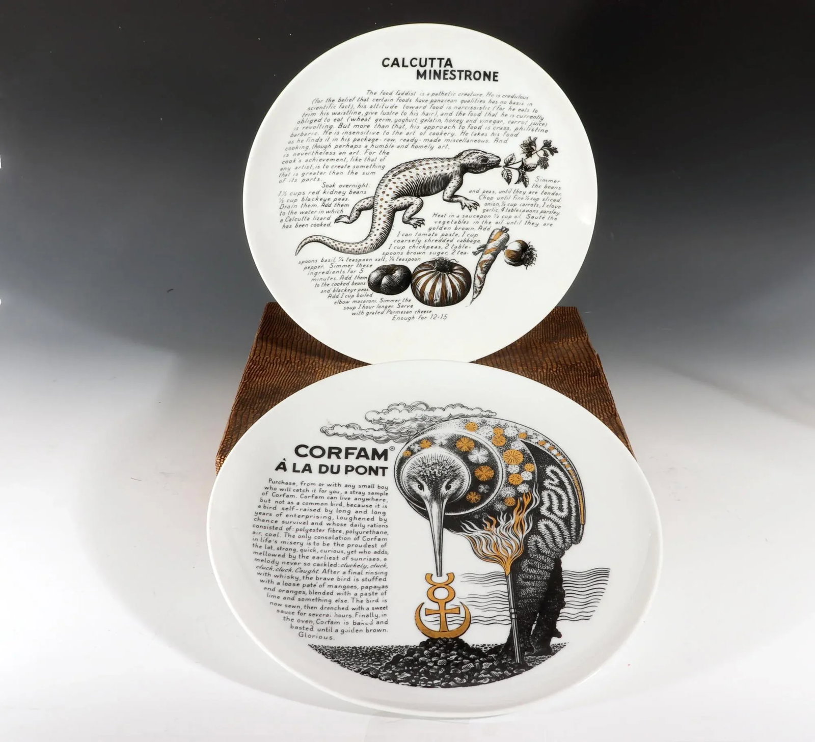 Piero Fornasetti Porcelain Cook Plates-Calcutta Minestrone and Corfam Du Pont With Original Faux Hid - 6