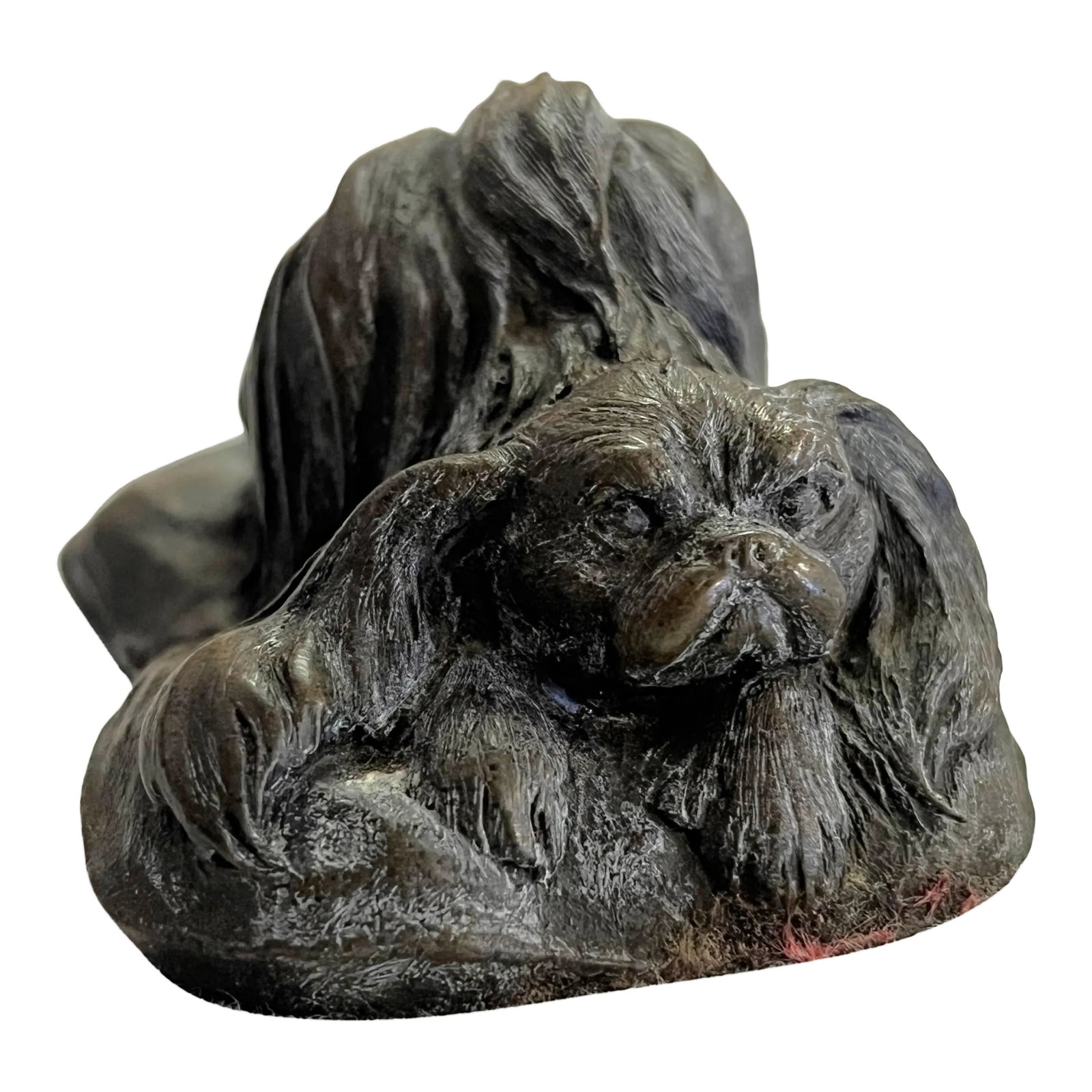 Vintage Signed Japanese Okimono Style Bronze Chin Dog Miniature Sculpture: Great little vintage signed bronze chin dog sculpture. It's completed in the Japanese Okimono style with incredible detail from his long groomed coat to his playful pout. It is signed with the