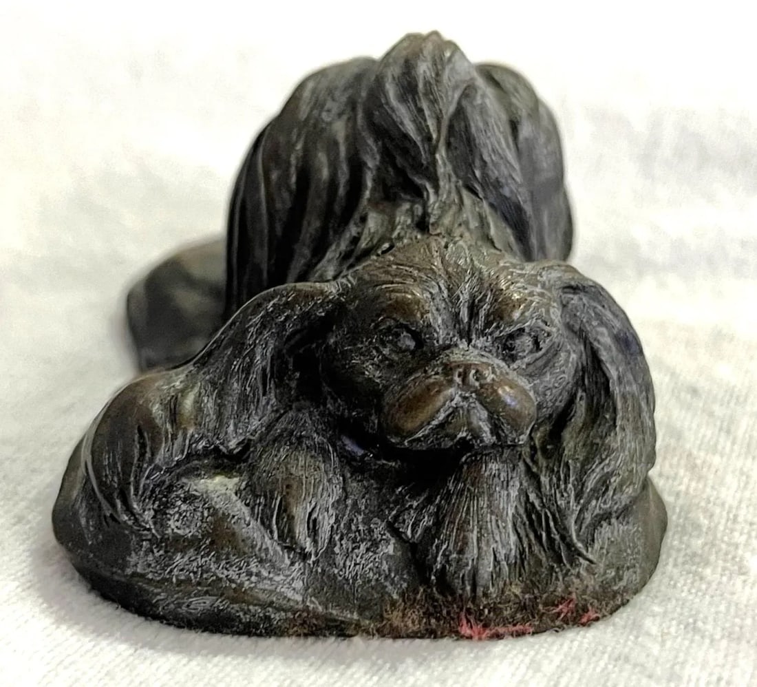 Vintage Signed Japanese Okimono Style Bronze Chin Dog Miniature Sculpture - 2