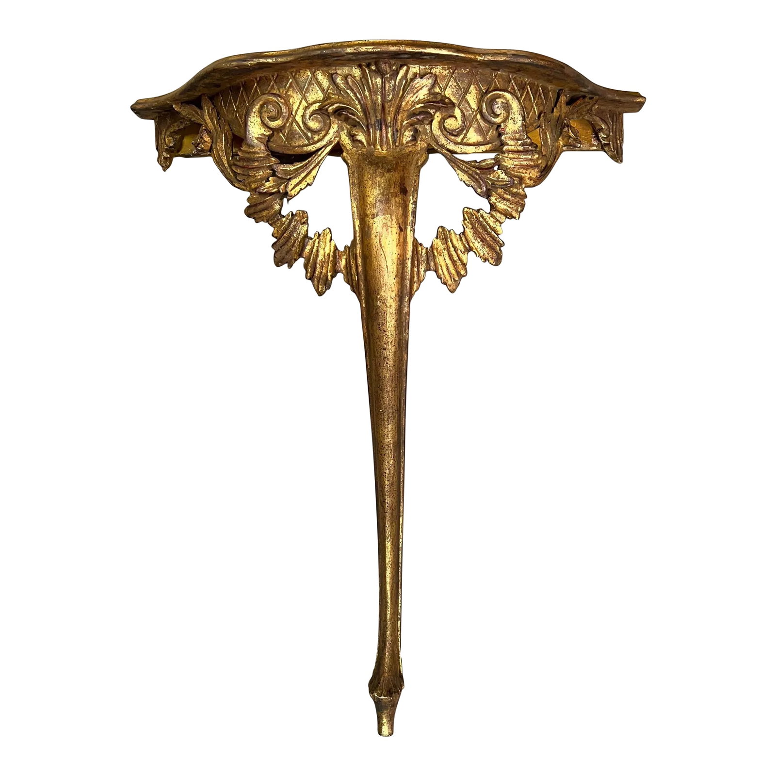 Rare Large Mid Century French Style Gilt Wall Console Table Made in Italy: Rare large French style wall console table. Beautifully carved under the top. Minor imperfections consistent with age and use. See pictures. Measures 26" w x 12" d x 32" h. Makes a great display.