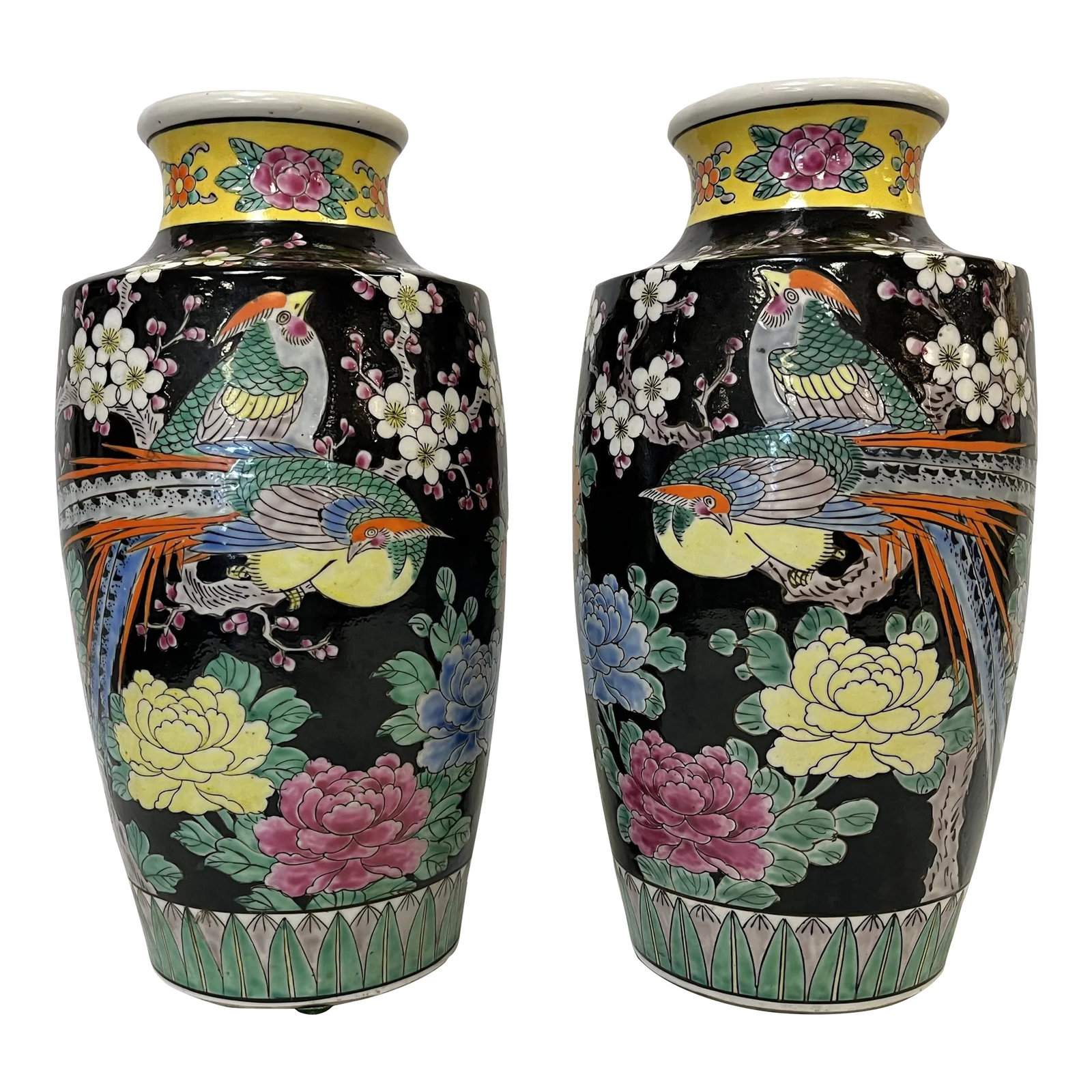 Mid Century Chinoiserie Birds With Peonies Hand Painted Porcelain Vases- a Pair