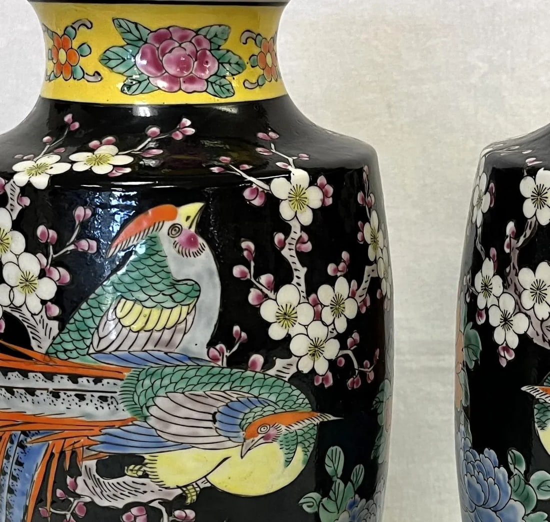 Mid Century Chinoiserie Birds With Peonies Hand Painted Porcelain Vases- a Pair - 2