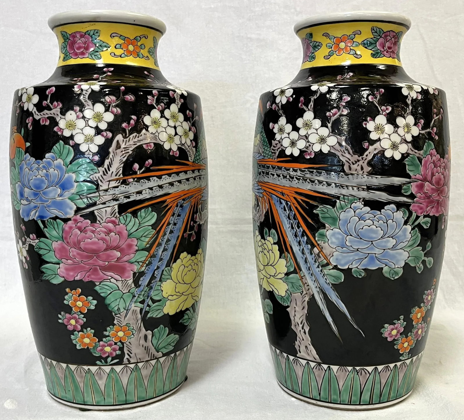 Mid Century Chinoiserie Birds With Peonies Hand Painted Porcelain Vases- a Pair - 3