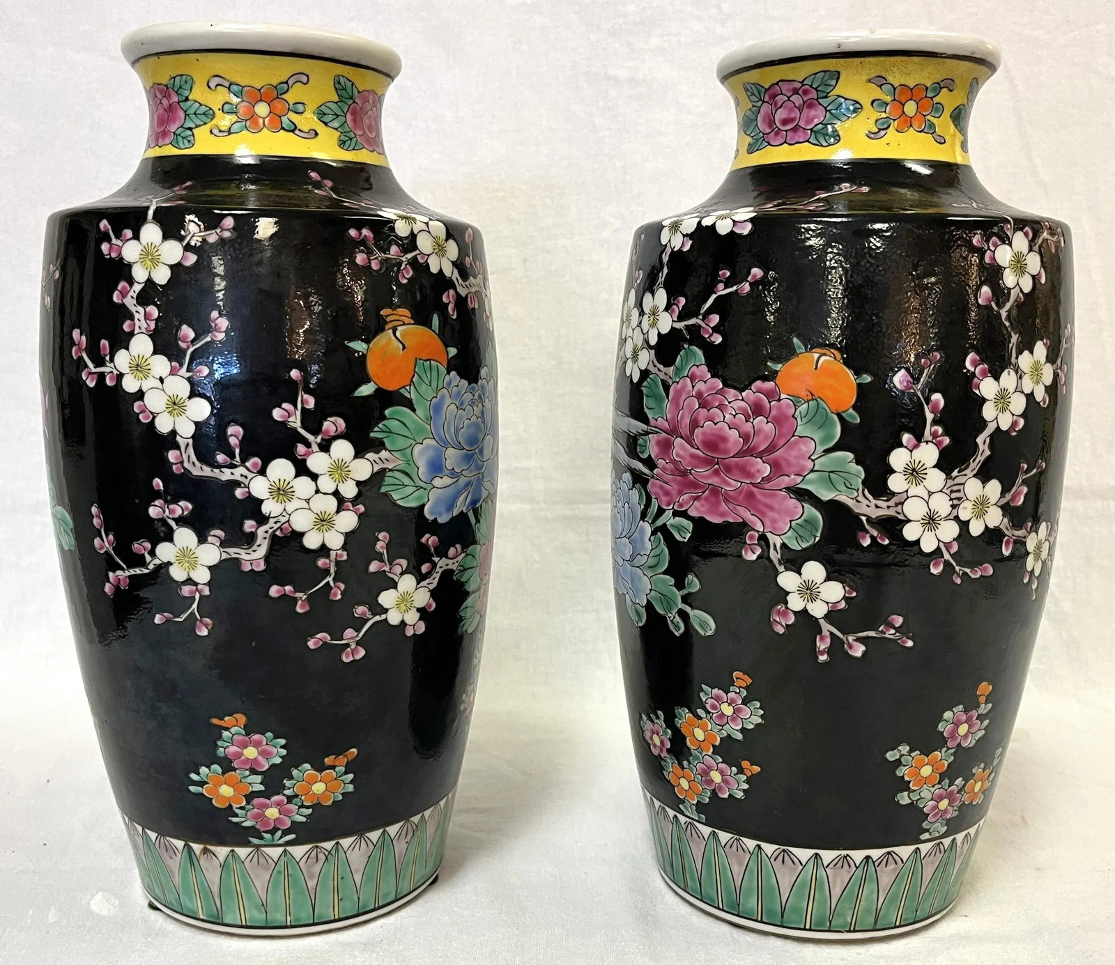 Mid Century Chinoiserie Birds With Peonies Hand Painted Porcelain Vases- a Pair - 4