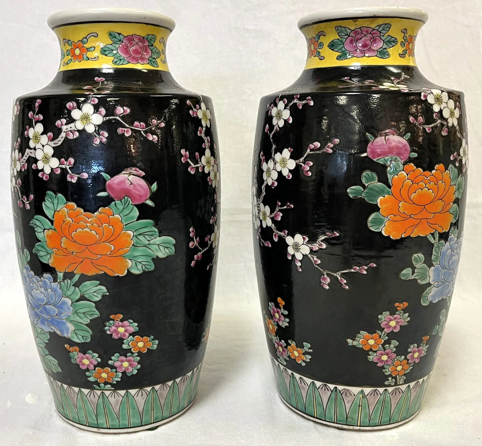 Mid Century Chinoiserie Birds With Peonies Hand Painted Porcelain Vases- a Pair - 5