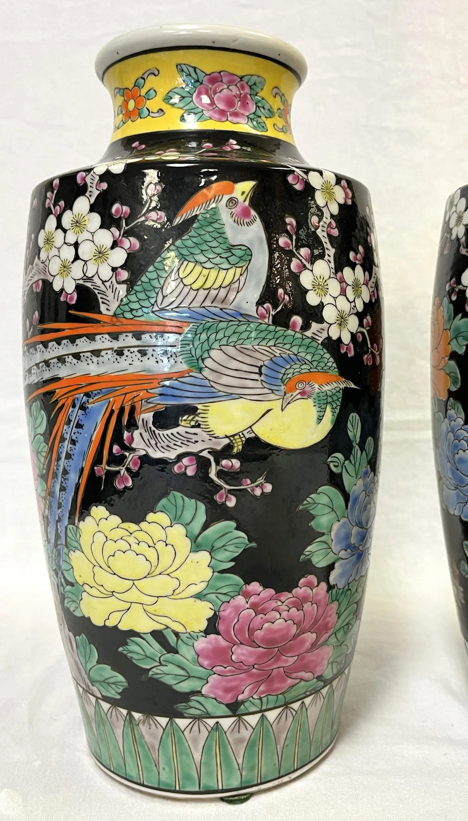Mid Century Chinoiserie Birds With Peonies Hand Painted Porcelain Vases- a Pair - 6