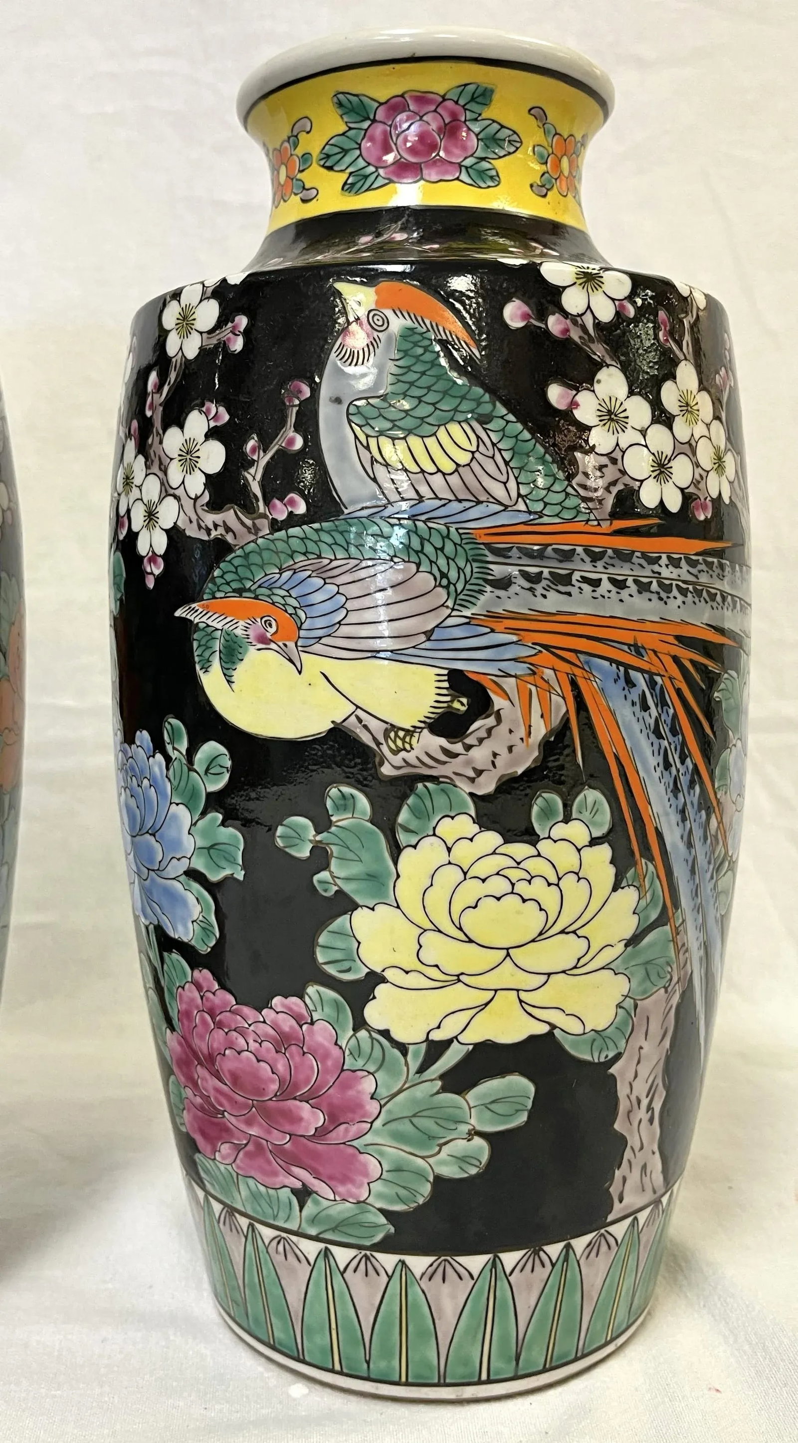 Mid Century Chinoiserie Birds With Peonies Hand Painted Porcelain Vases- a Pair - 7