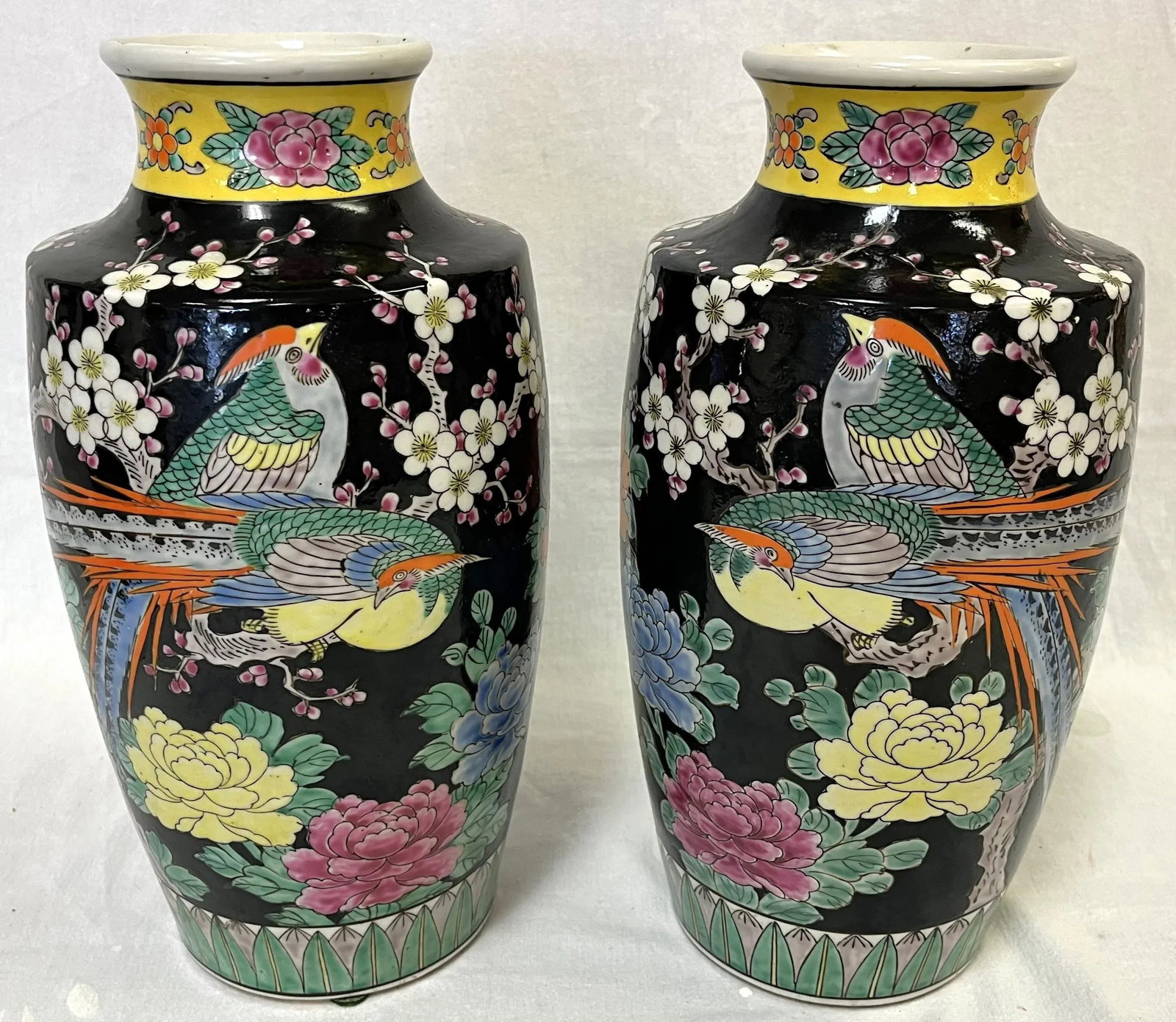Mid Century Chinoiserie Birds With Peonies Hand Painted Porcelain Vases- a Pair - 8