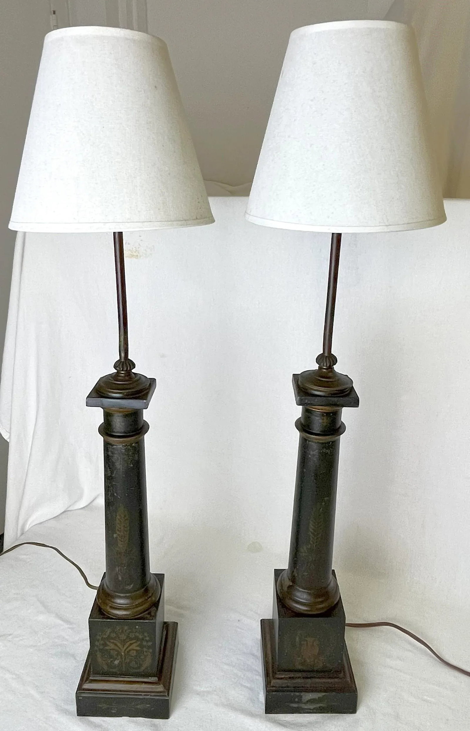 Early 20th Century French Neoclassical Toleware Column Lamps- a Pair - 2