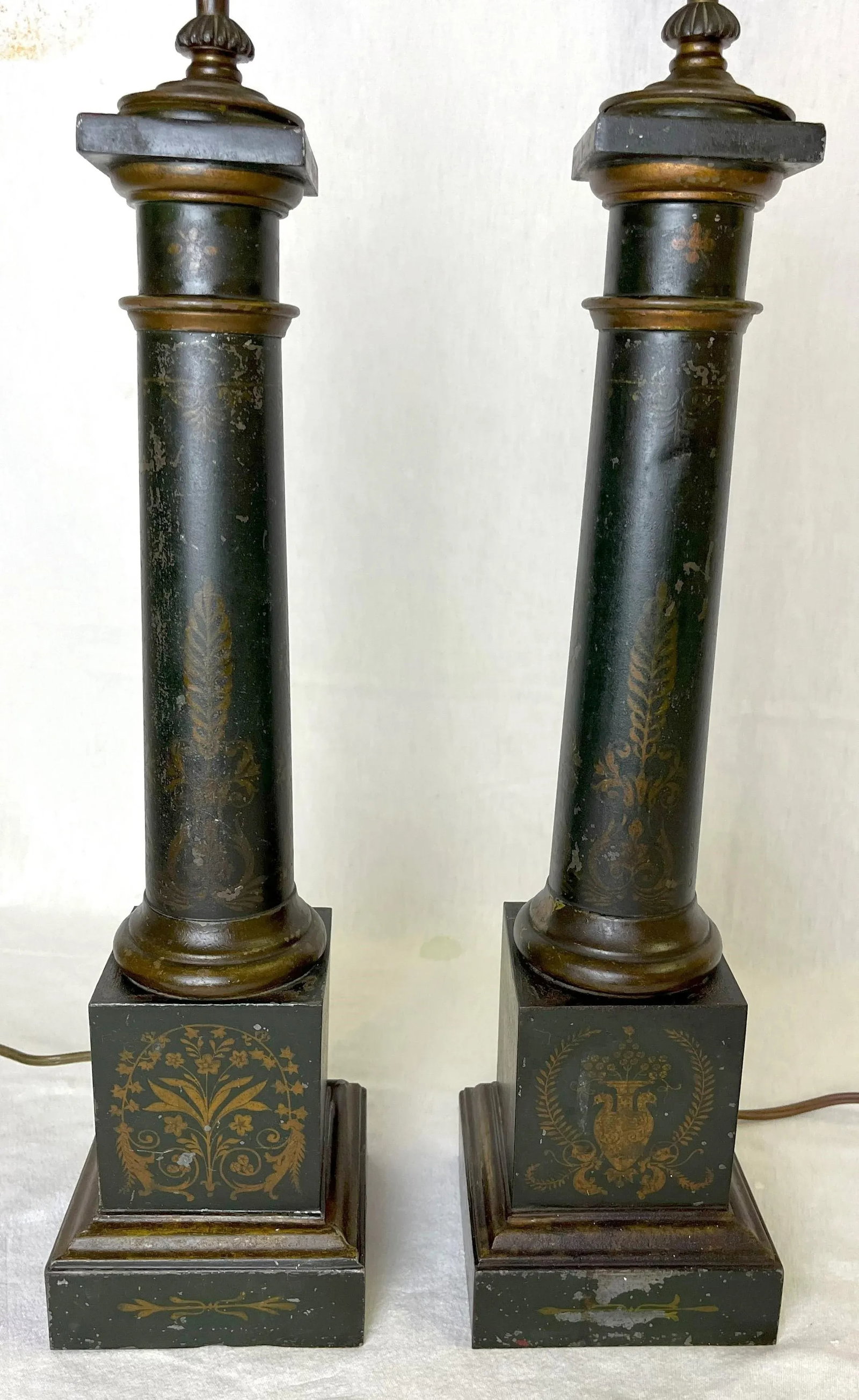 Early 20th Century French Neoclassical Toleware Column Lamps- a Pair - 6