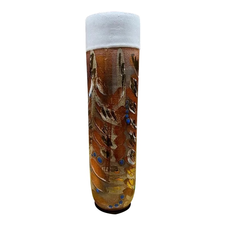 1970s Sculptural Vase Colorful Art Pottery: AMBIANIC presents 1970s Sculptural Art Pottery Vase Color Splash Initialed at bottom. 12.75 h x 3.5 Original vintage condition Review all images. Condition: Alterations: Original Condition Unaltered
