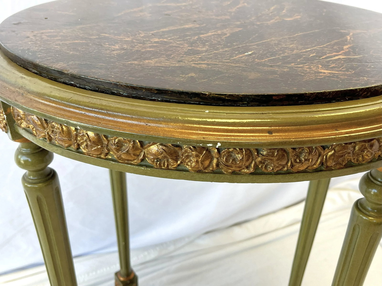 Vintage French Louis XVI Style Faux Finished Carved Wood Side Table - 10