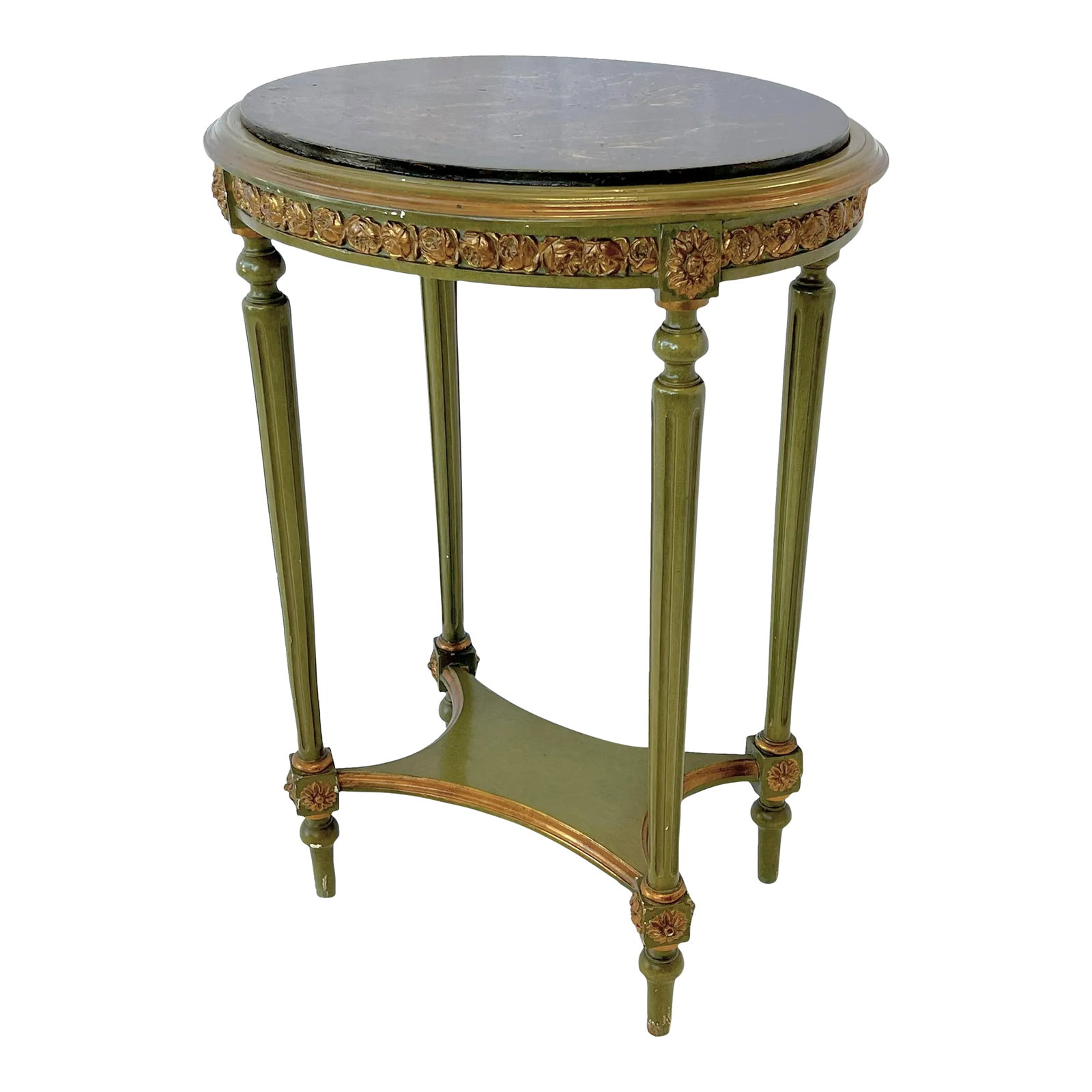 Vintage French Louis XVI Style Faux Finished Carved Wood Side Table: Pretty French Louis XVI style side table from the early 20th century. It's made of wood with an elegant oval shape, fluted tapered legs, and rose medallion accents. The piece is faux finished in a