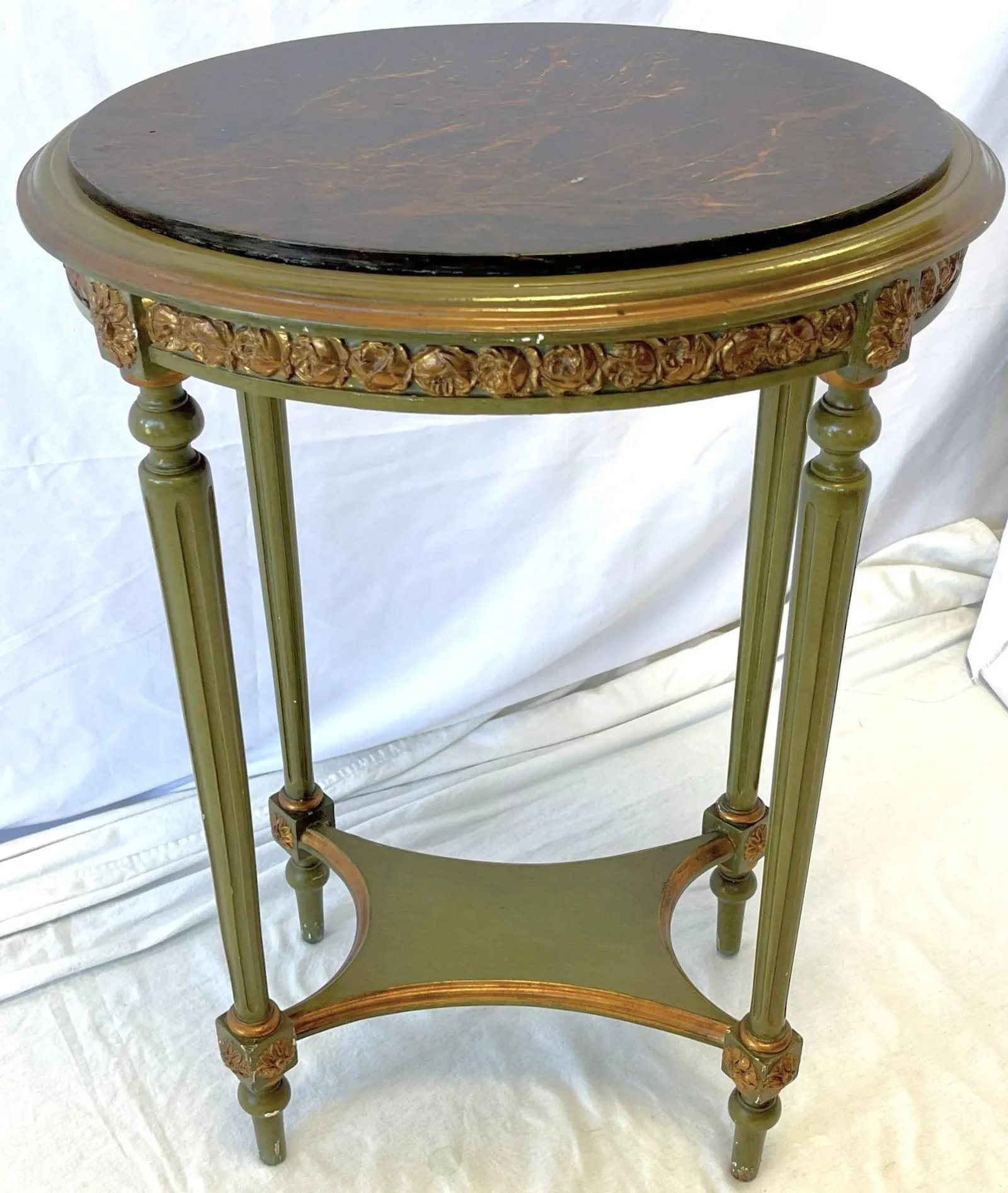 Vintage French Louis XVI Style Faux Finished Carved Wood Side Table - 2