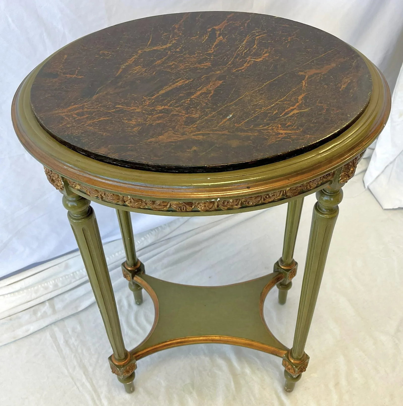Vintage French Louis XVI Style Faux Finished Carved Wood Side Table - 3