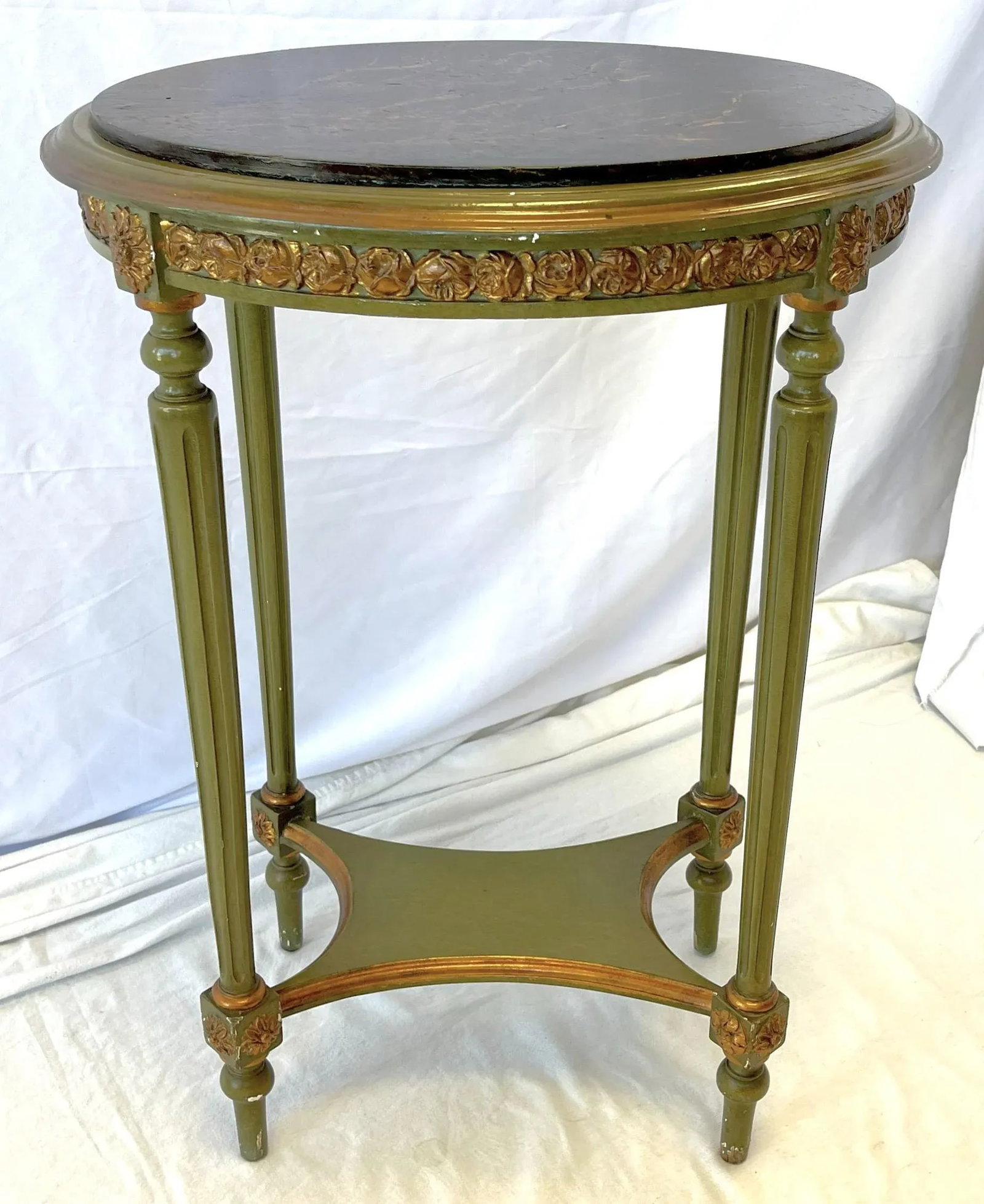 Vintage French Louis XVI Style Faux Finished Carved Wood Side Table - 6