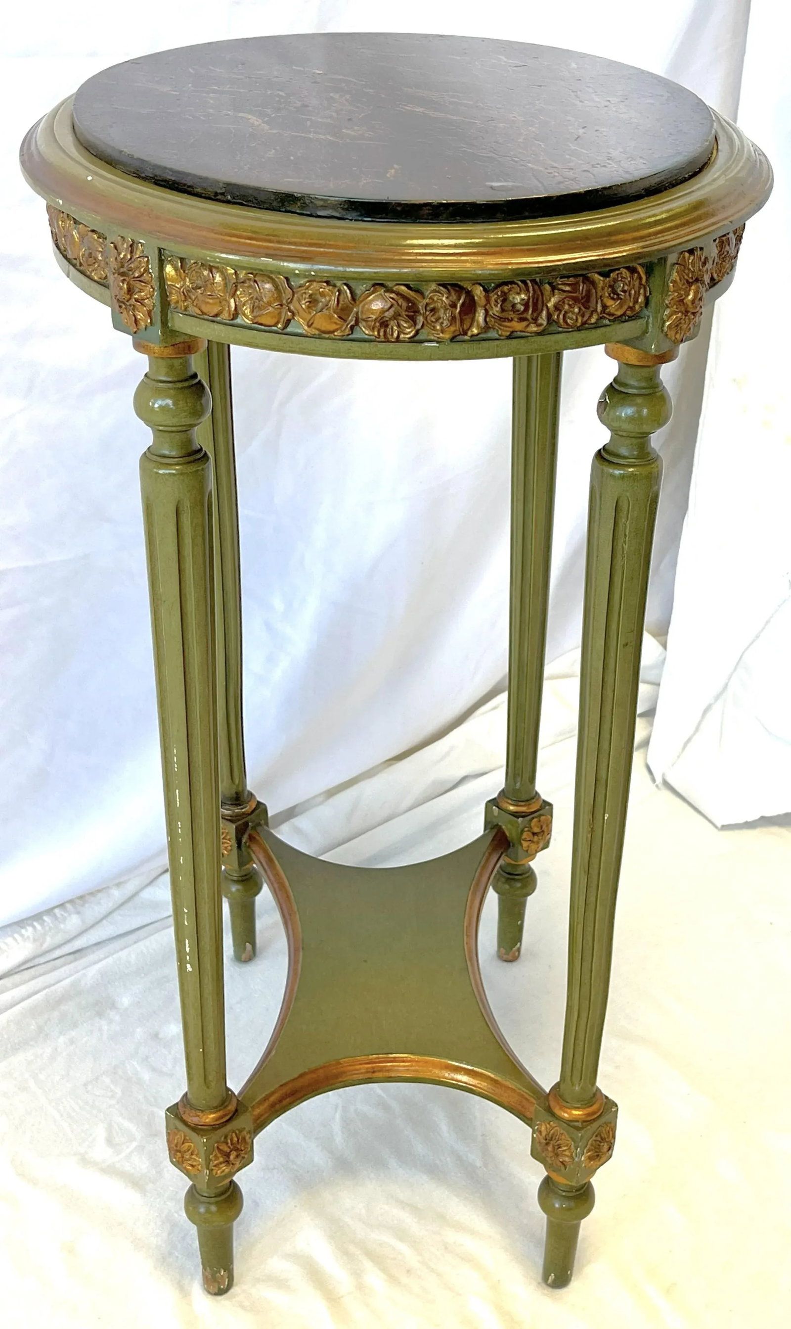 Vintage French Louis XVI Style Faux Finished Carved Wood Side Table - 7