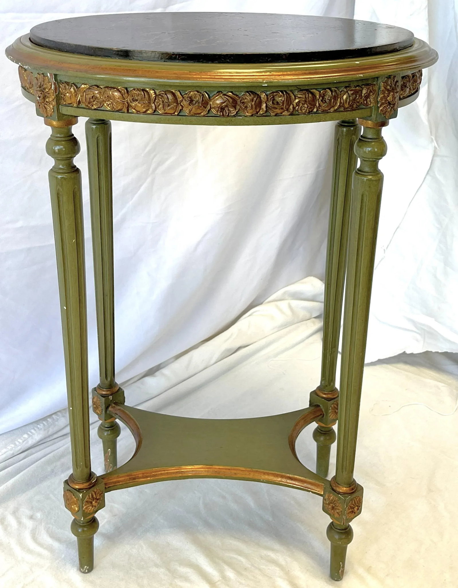 Vintage French Louis XVI Style Faux Finished Carved Wood Side Table - 8