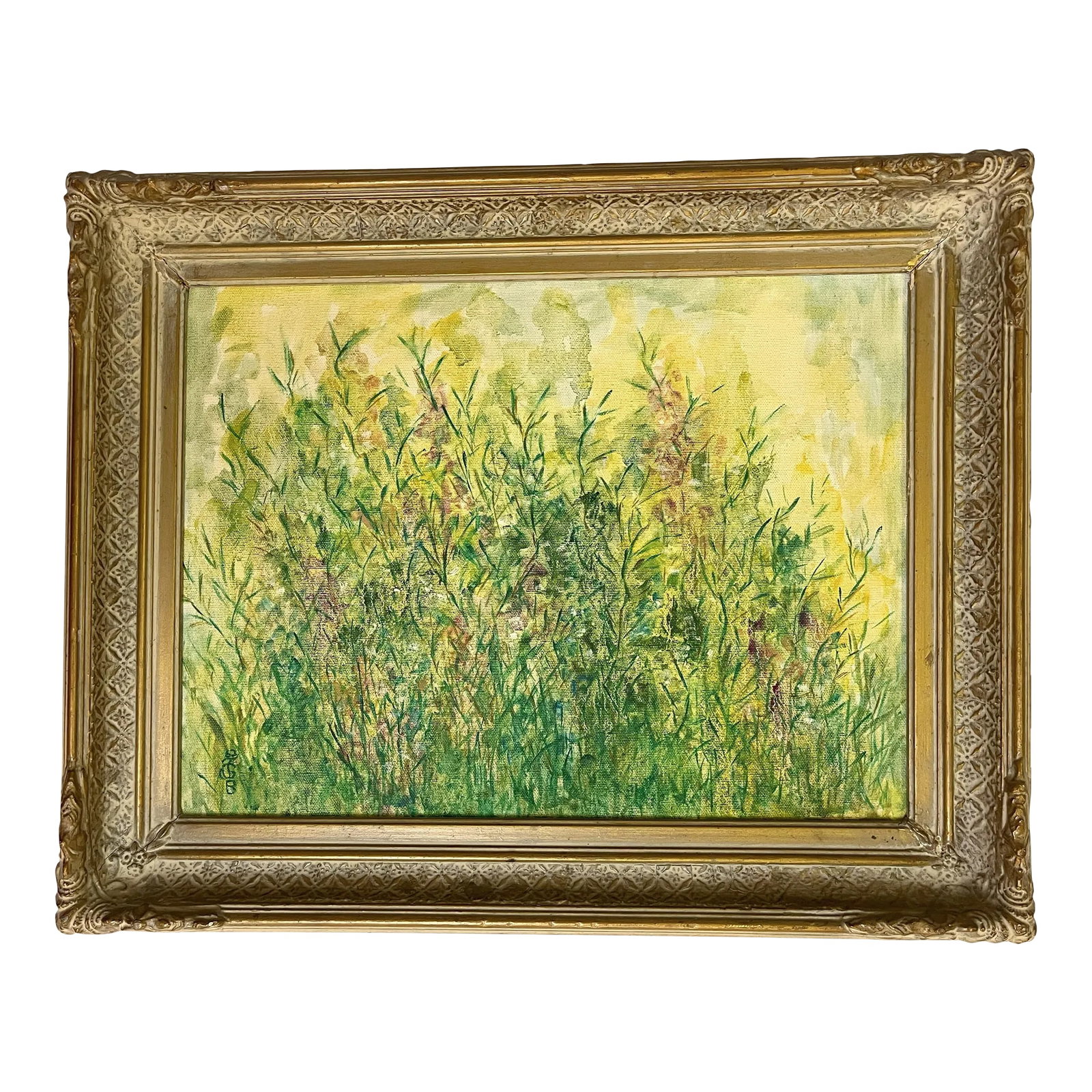 Original Impressionist Field of Flowers Oil Painting on Canvas, Signed and Framed: Original signed oil painting on canvas. This impressionist style piece depicts a field of flowers in shades of green, yellow and lavender. It is signed illegibly in the bottom left corner. It's