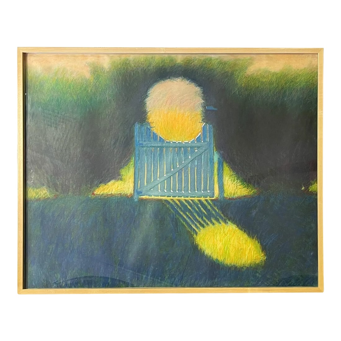 Large Original Pastel on Paper 'Garden Gate' From the Bonfoey Gallery, Ohio: Large 20th century contemporary original pastel on paper artwork. The piece depicts a 'Garden Gate' beautifully executed in bright blue, yellow and green colors. I love the questions the piece