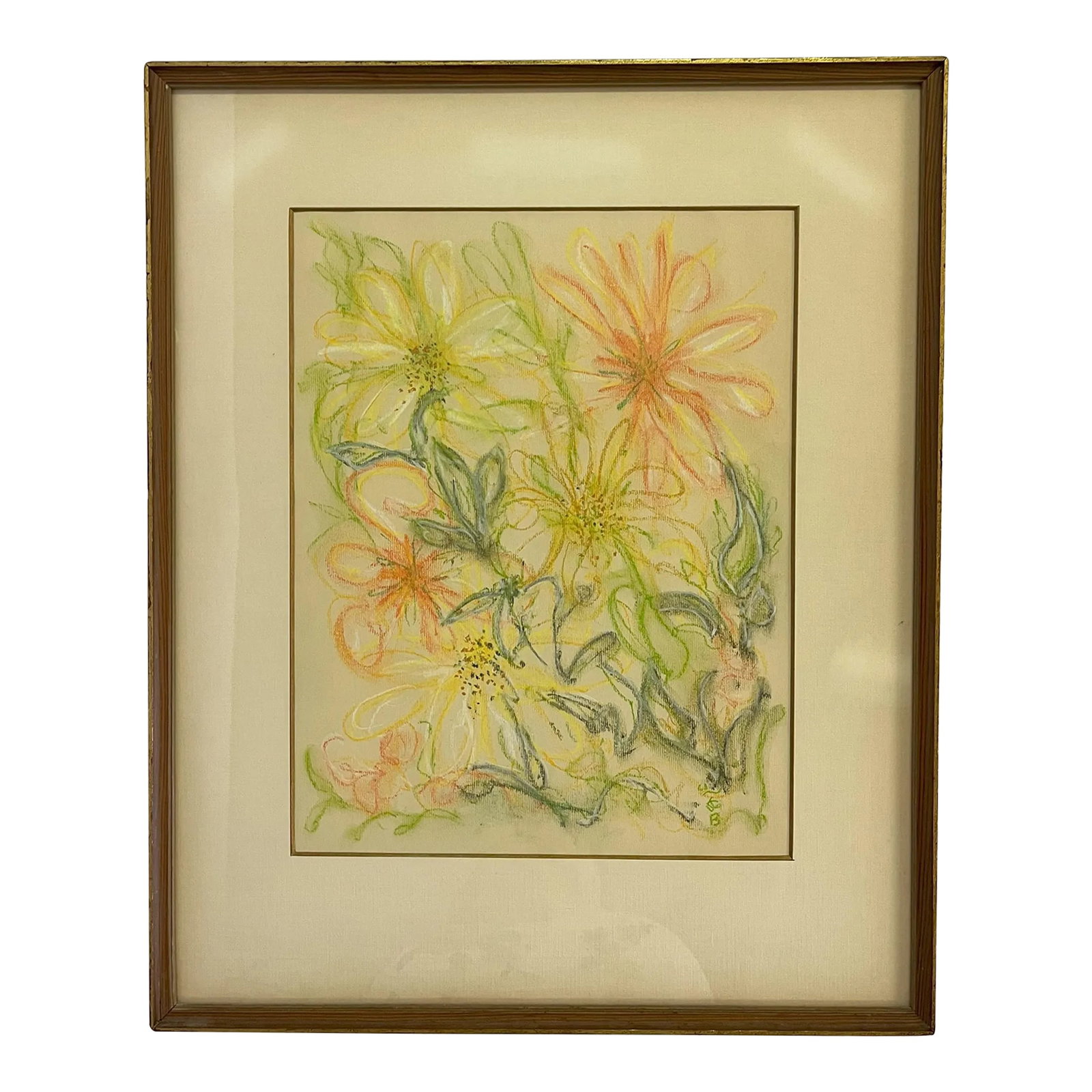Original Signed and Framed Floral Still Life Drawing on Paper: Pretty original framed drawing on paper. The piece looks like a quick study in an impressionist style with thick and colorful outlines It depicts a floral still life in shades of coral, blue and