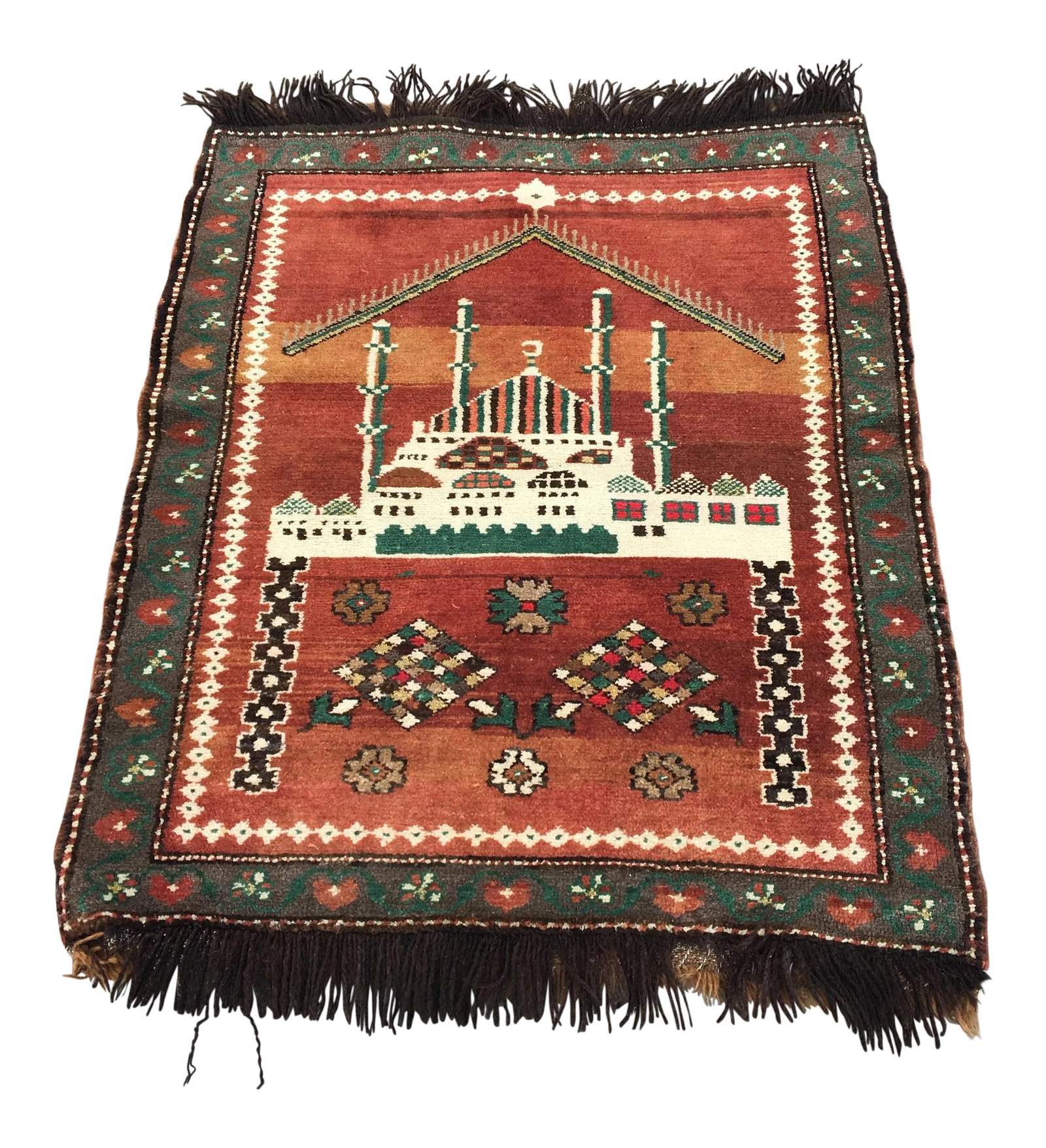 1970s Vintage Turkish Miniature Rug - 2"²9"³ × 3"²4"³: This is a vintage Turkish rug from the 1970s. It is the size of a prayer rug. Condition: Alterations: Original Condition Unaltered Imperfections: Some Imperfections Condition Notes: Excellent