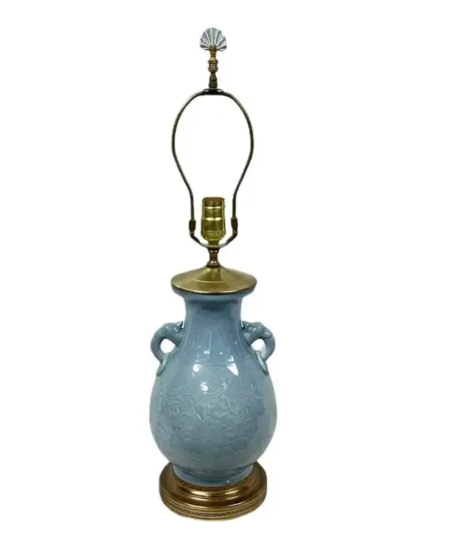 Chinese Gilt Brass Mounted Celadon Porcelain Lamp - 9