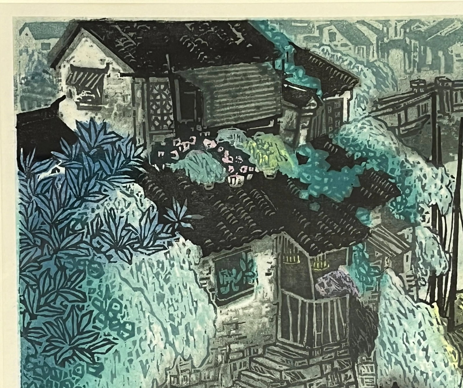 1980's Signed and Numbered Woodblock Print by Zhu Ming Tilted 'Flowers on a Small Building' - 3