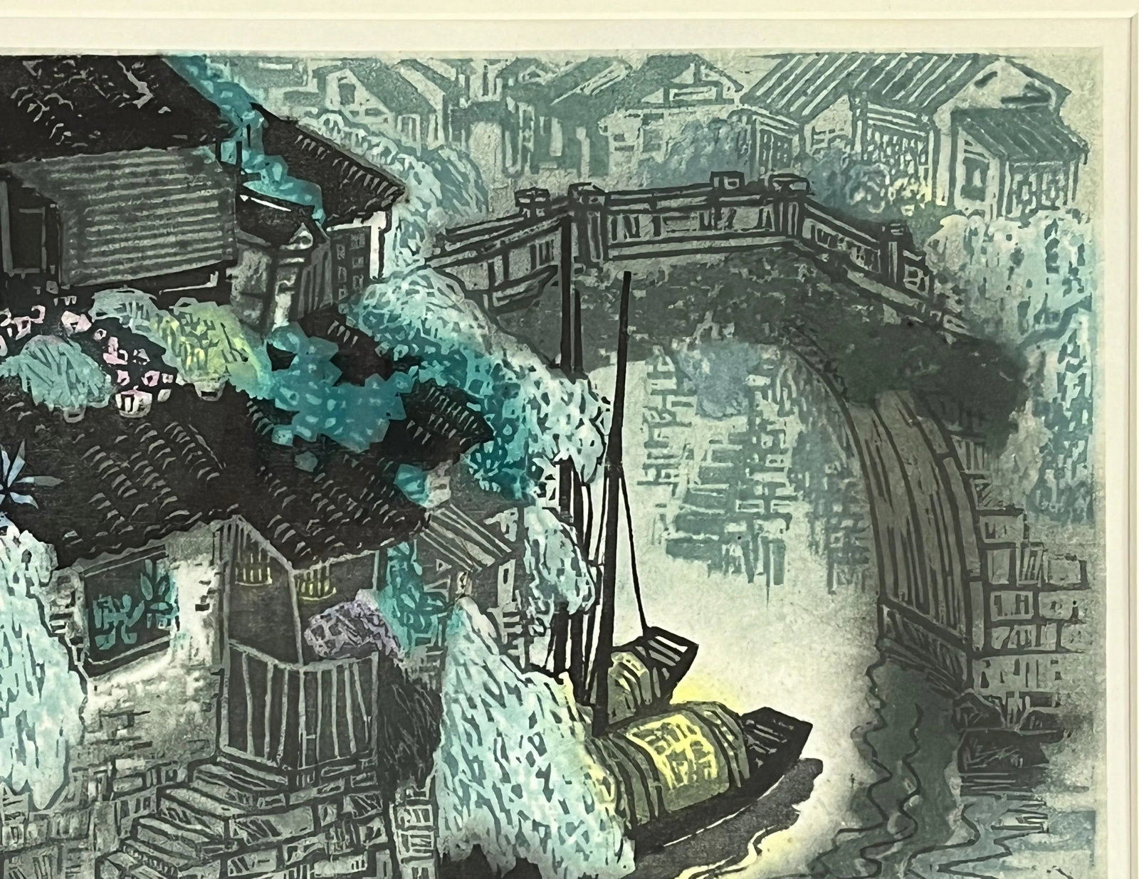 1980's Signed and Numbered Woodblock Print by Zhu Ming Tilted 'Flowers on a Small Building' - 5