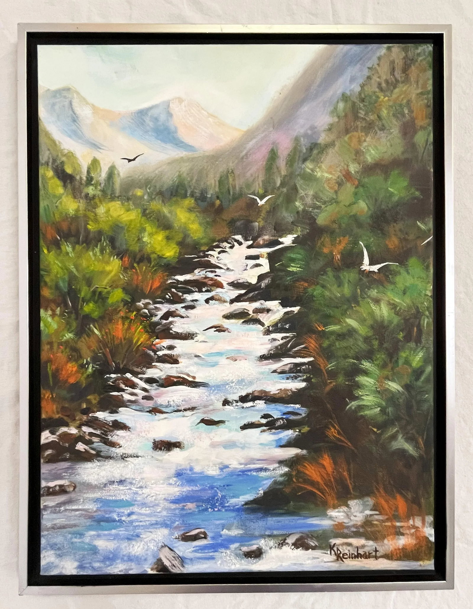 Signed Original Oil Painting by Karen Reinhart (American, 1938-2023) Titled 'Mountain Stream' - 2