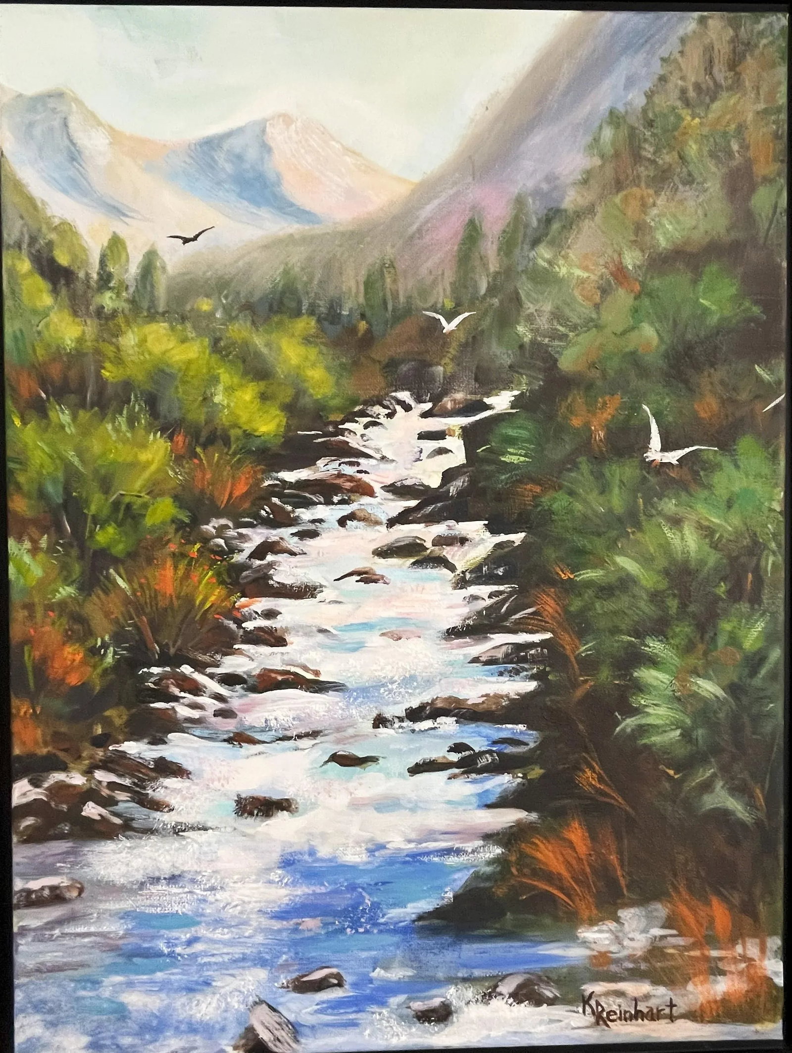 Signed Original Oil Painting by Karen Reinhart (American, 1938-2023) Titled 'Mountain Stream' - 3