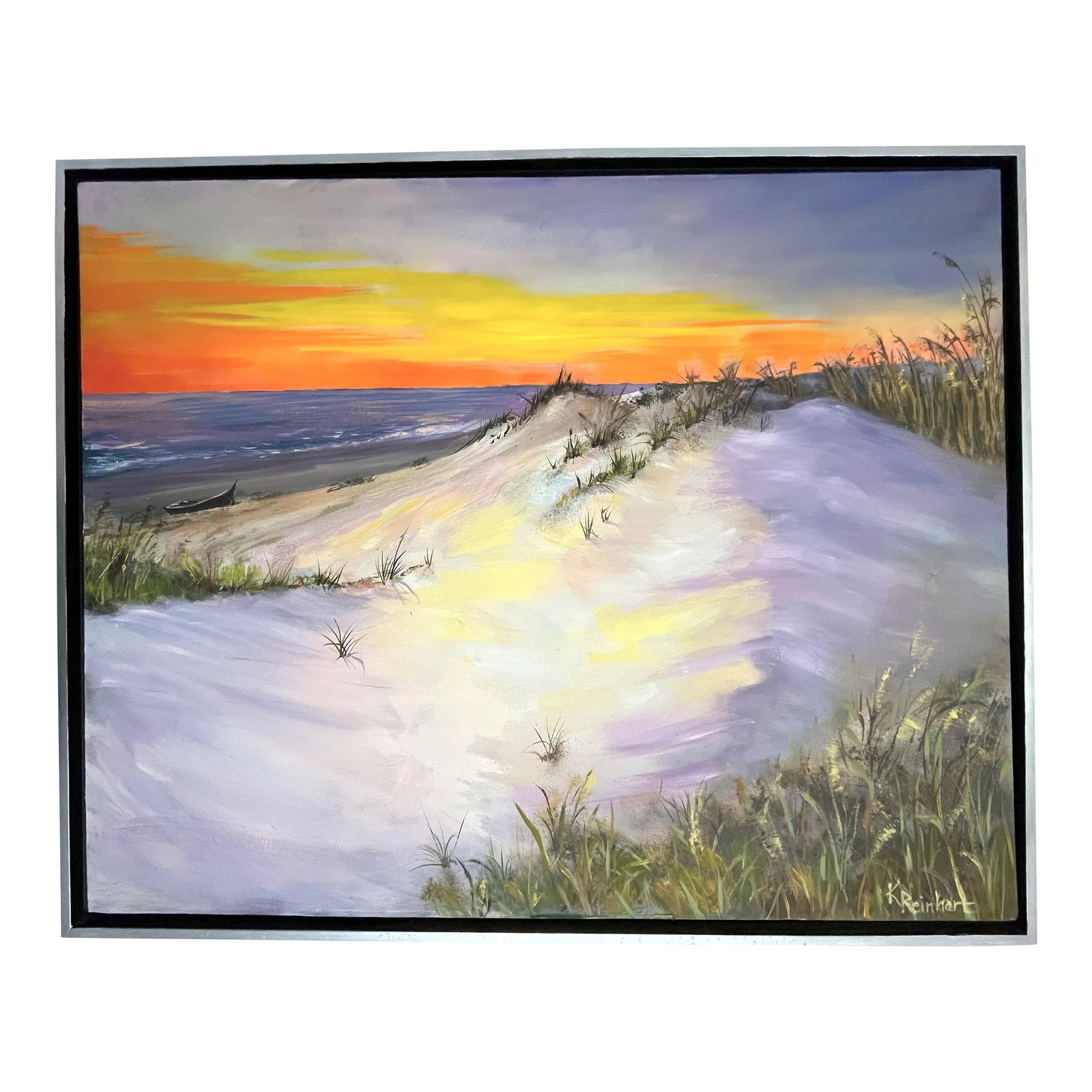 Signed Original Oil Painting by Karen Reinhart (American, 1938-2023) Titled 'Sun, Sand & Sea': Beautiful signed original oil painting on canvas by American artist Karen Reinhart (1938-2023). Karen was a beloved art teacher, and this was acquired from her Palm Beach Estate in 2024. The piece
