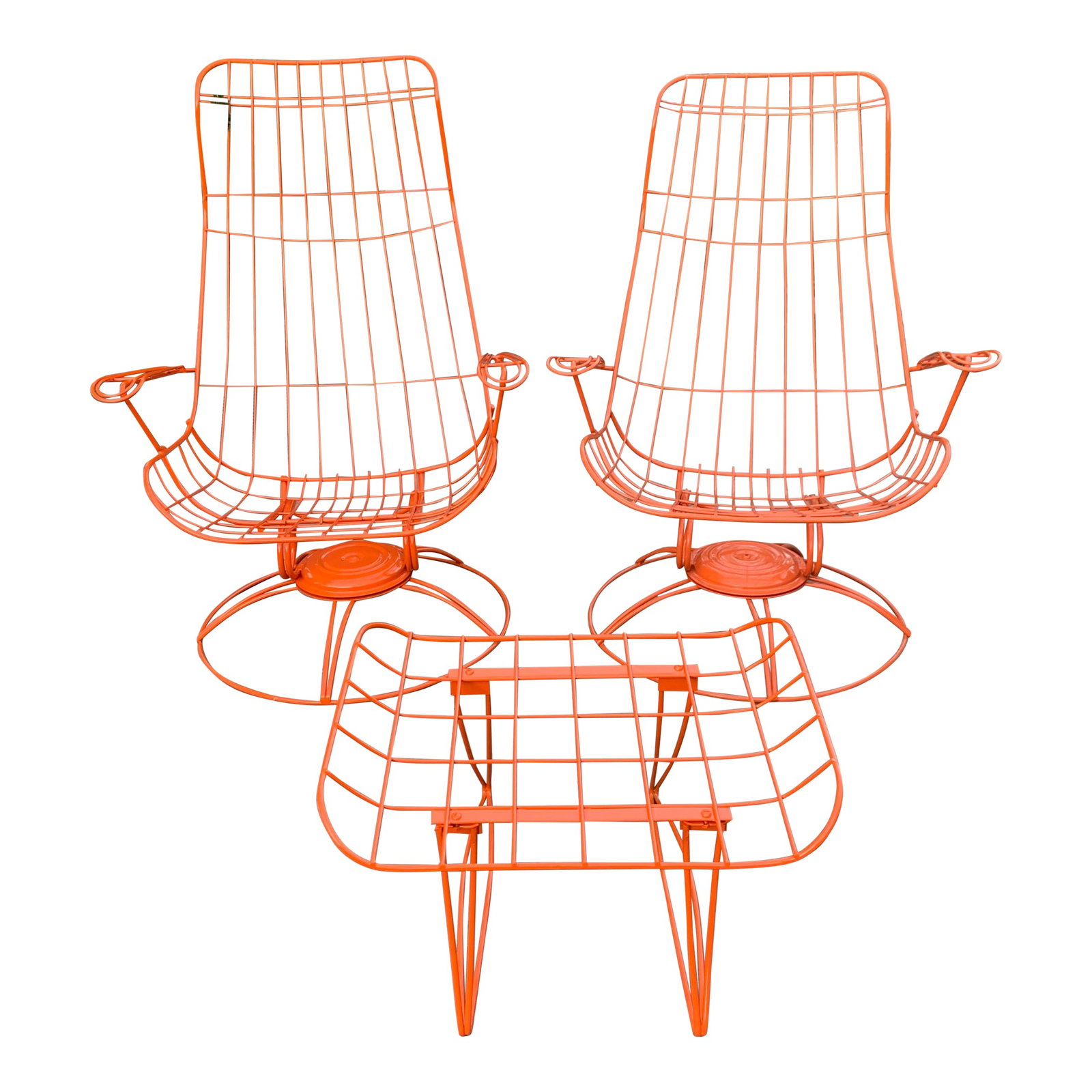 Homecrest Rocker Swivel Patio Chairs and Ottoman-Set of 3: A fabulous set of two mid-century modern vintage metal wire swivel barrel chairs and ottoman , made by Homecrest in the 1960s. Features metal frames with a swivel, rocking and tilt design, and deep ba