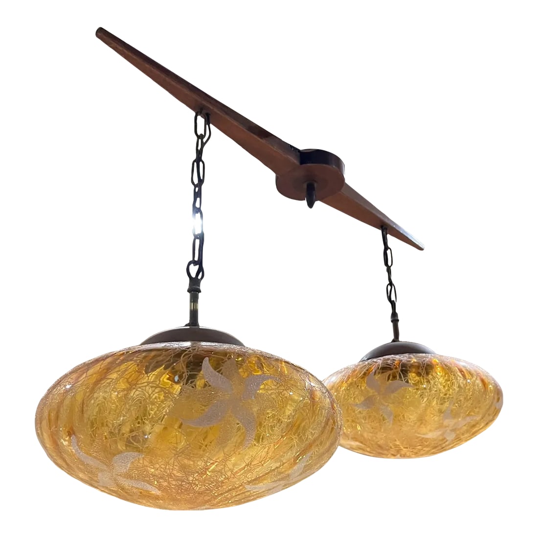 1960s Pendant Lamp Mahogany Art Glass Eugenio Escudero Mexico: AMBIANIC presents 1960s Eugenio Escudero Chandelier Pendant Lamp Mahogany Wood modern sway bar with two-globe design. etched hand-blown glass amber tone. Unmarked, attribution Eugenio Escudero 18 h