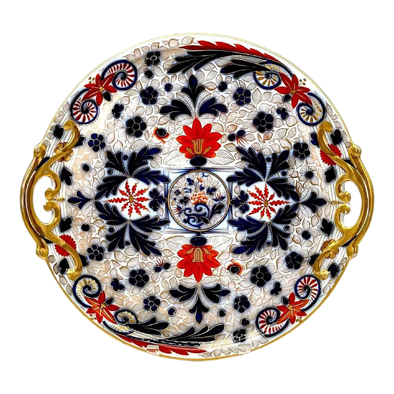 19th Century Fischer & Mieg Pirkenhammer Porcelain 'Imari' Pattern Round Handled Platter: Fischer & Mieg Pirkenhammer Porcelain 'Imari' Pattern Round Handled Platter Impressed Marks of F&M and the number 2 An exquisite piece of Fischer & Mieg Pirkenhammer porcelain, this 'Imari' pattern