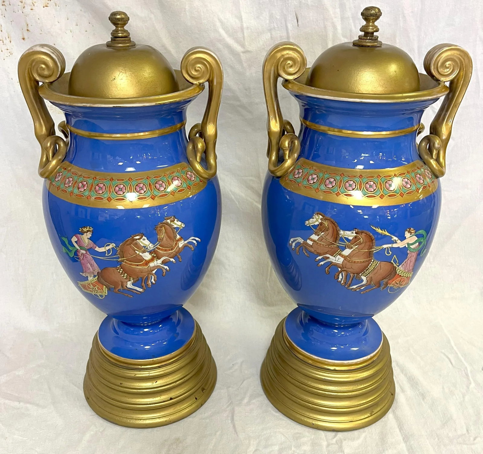 Early 20th Century European Neoclassical Hand Painted Blue Porcelain Urns With Chariot Scenes- a Pai - 2