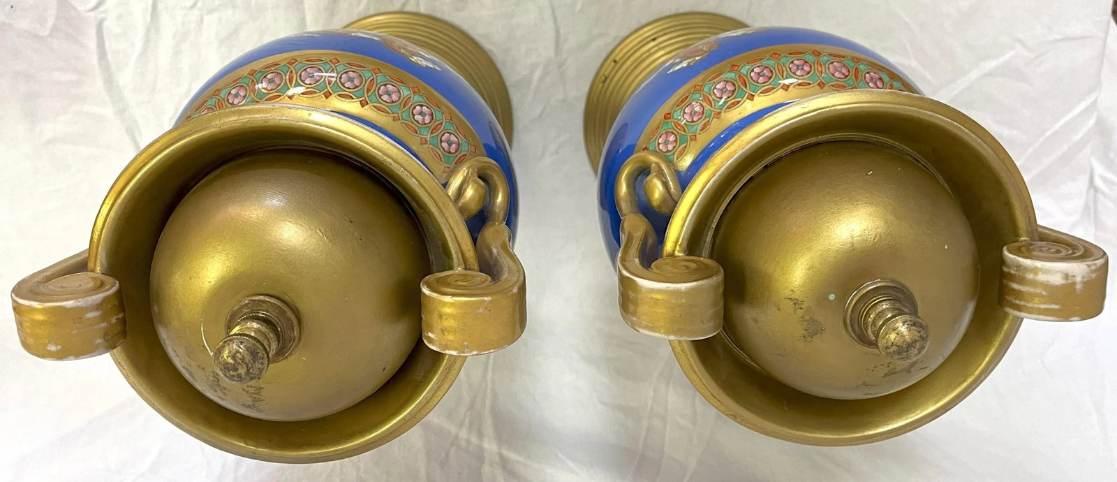 Early 20th Century European Neoclassical Hand Painted Blue Porcelain Urns With Chariot Scenes- a Pai - 3