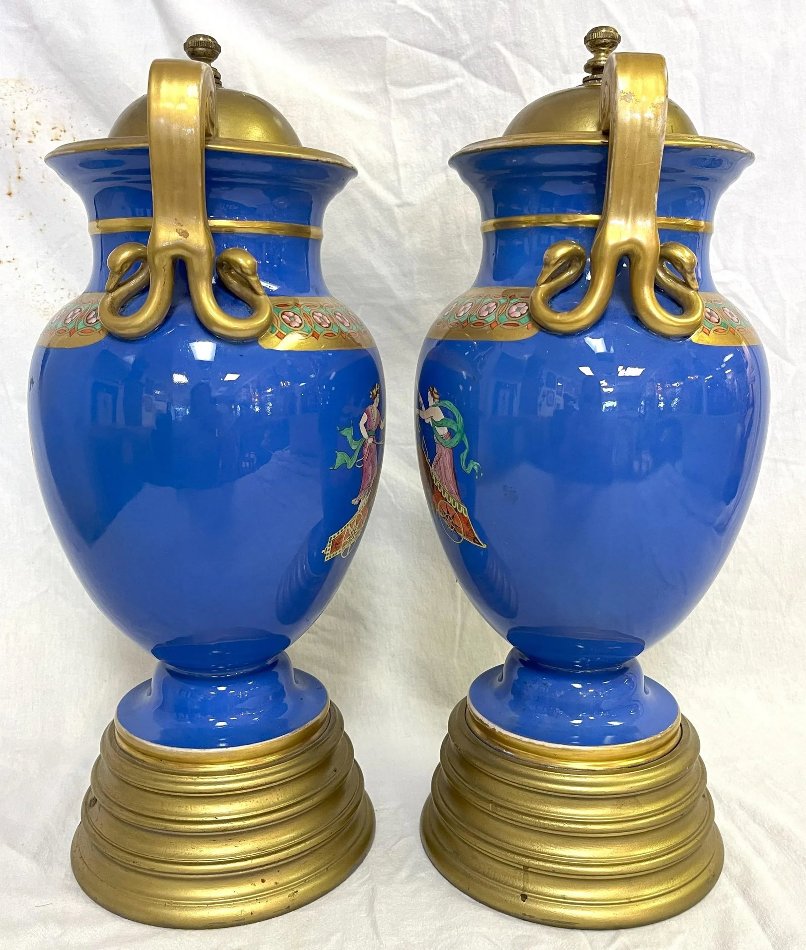 Early 20th Century European Neoclassical Hand Painted Blue Porcelain Urns With Chariot Scenes- a Pai - 4