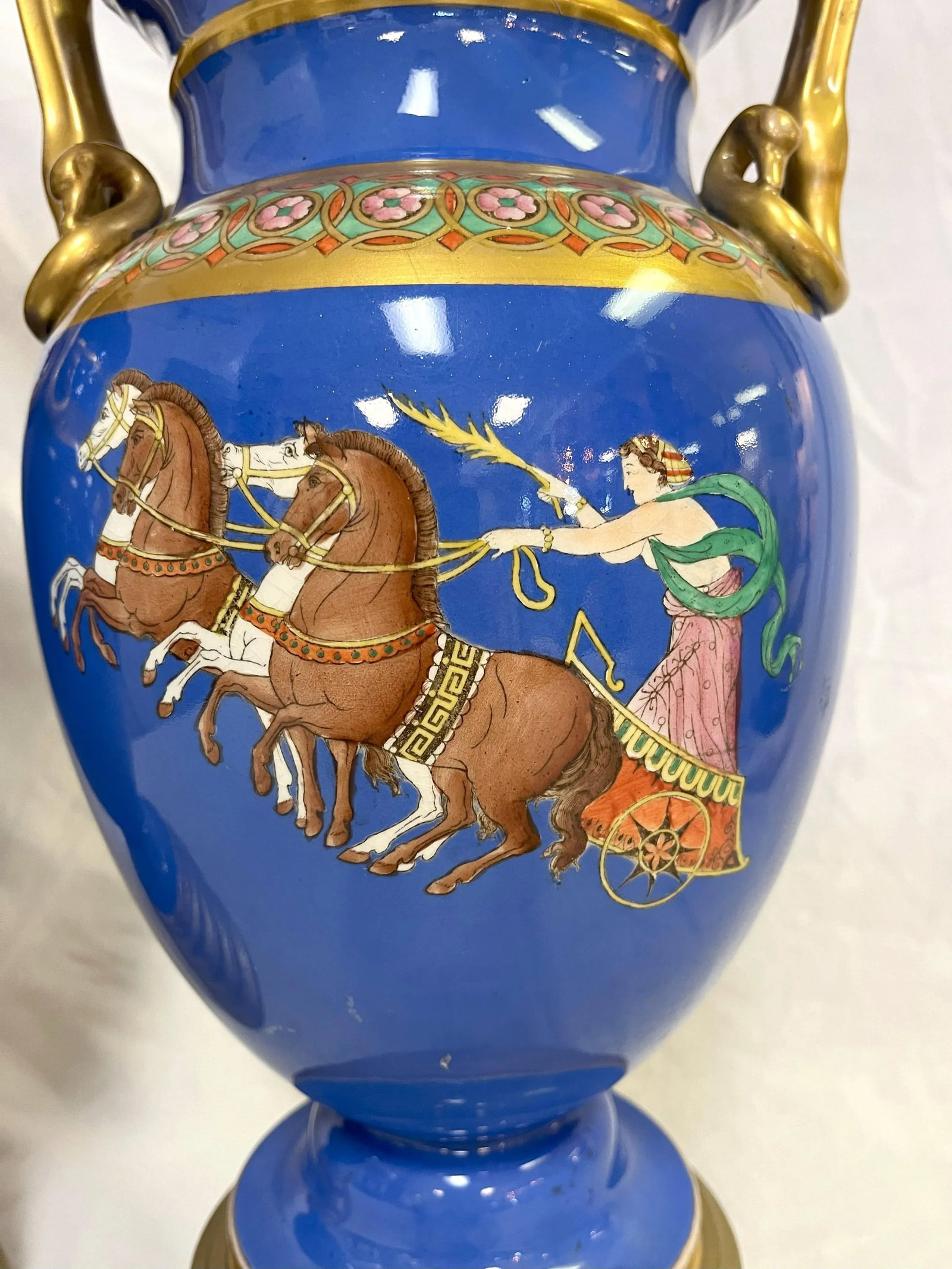 Early 20th Century European Neoclassical Hand Painted Blue Porcelain Urns With Chariot Scenes- a Pai - 6