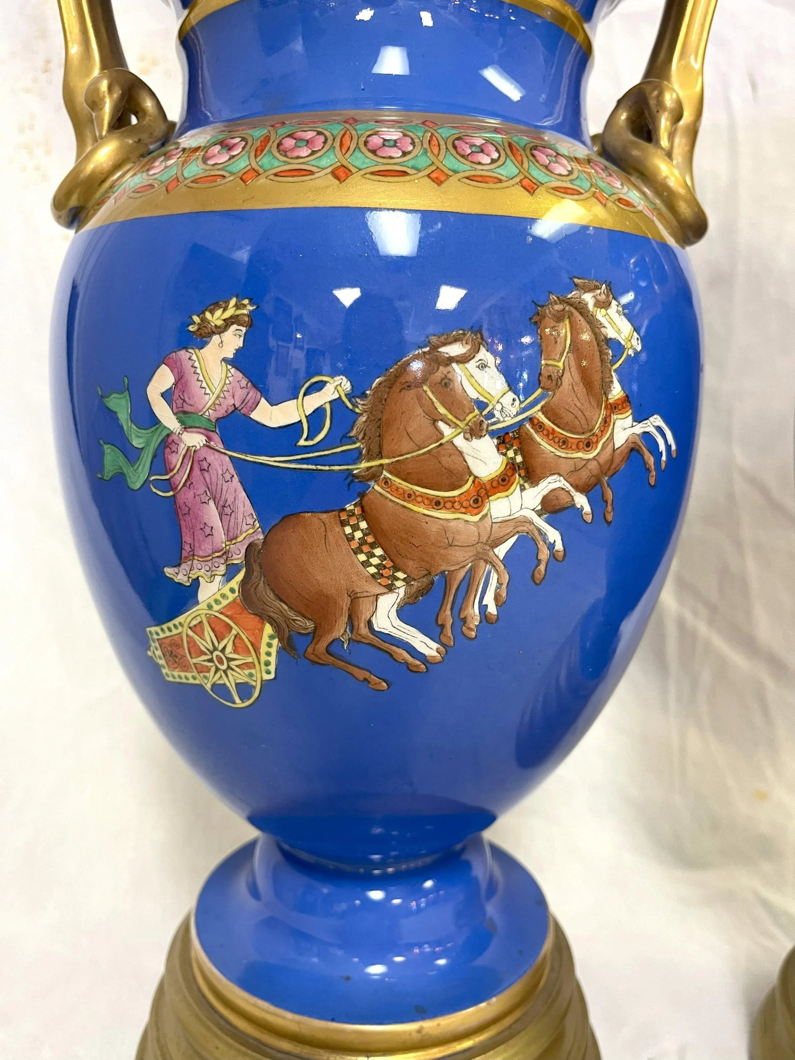 Early 20th Century European Neoclassical Hand Painted Blue Porcelain Urns With Chariot Scenes- a Pai - 7
