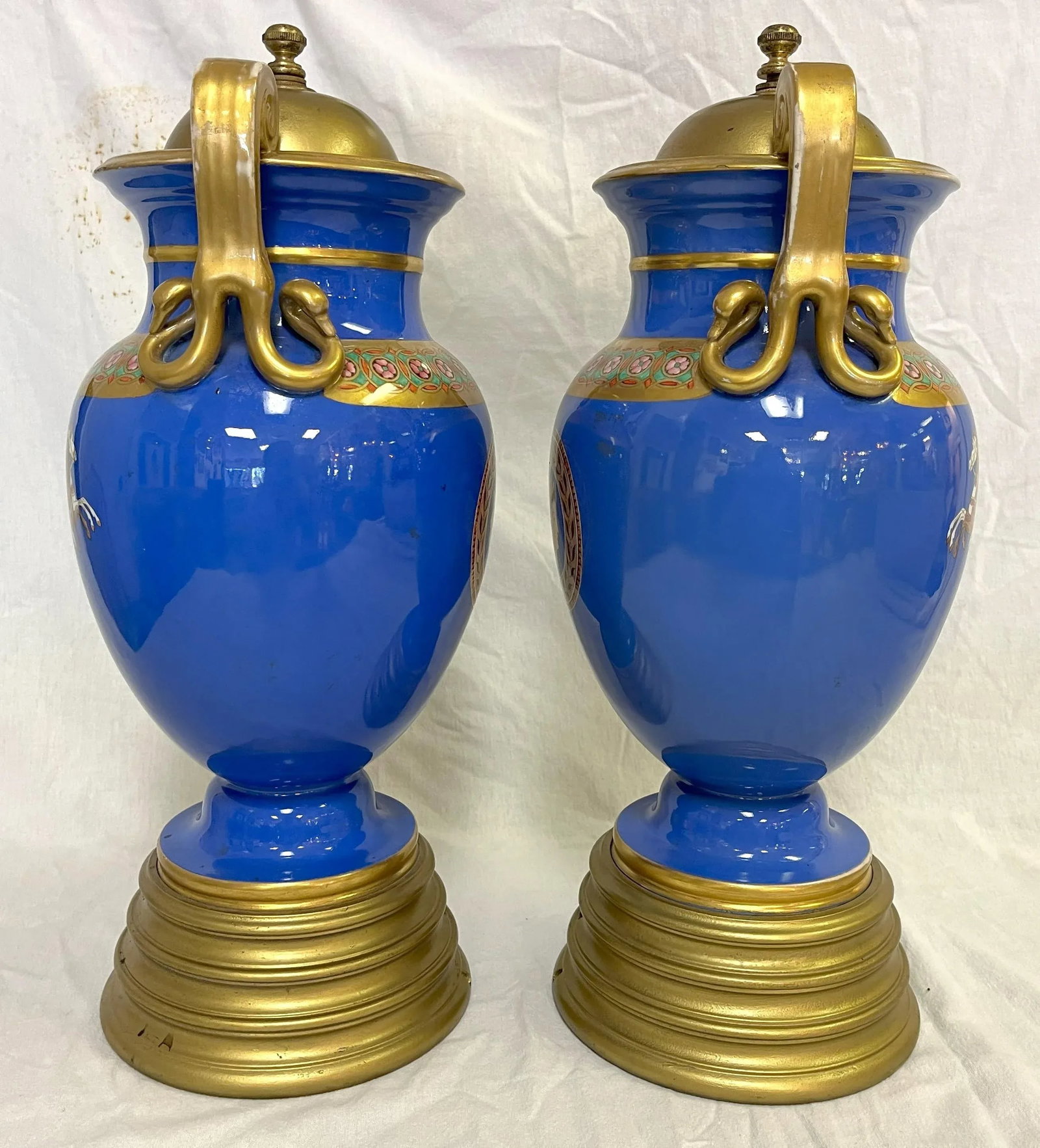Early 20th Century European Neoclassical Hand Painted Blue Porcelain Urns With Chariot Scenes- a Pai - 9