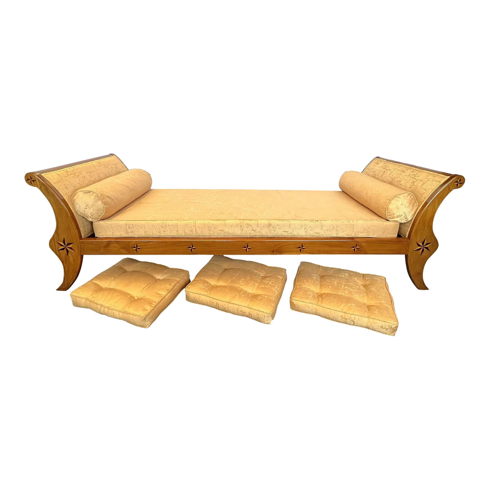 Vintage Neoclassical Continental Daybed With Inlaid Parquetry Stars and Moire Upholstery: Dreamy neoclassical style Continental daybed from the mid 20th century. The frame is made of solid wood with parquetry inlaid stars in various veneers. It has a loose and reversible mattress cushion,