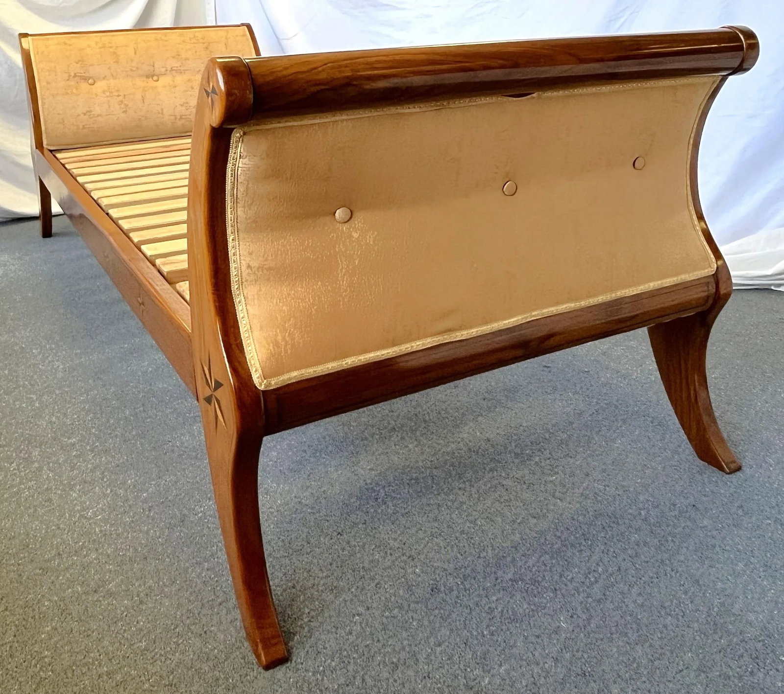 Vintage Neoclassical Continental Daybed With Inlaid Parquetry Stars and Moire Upholstery - 7