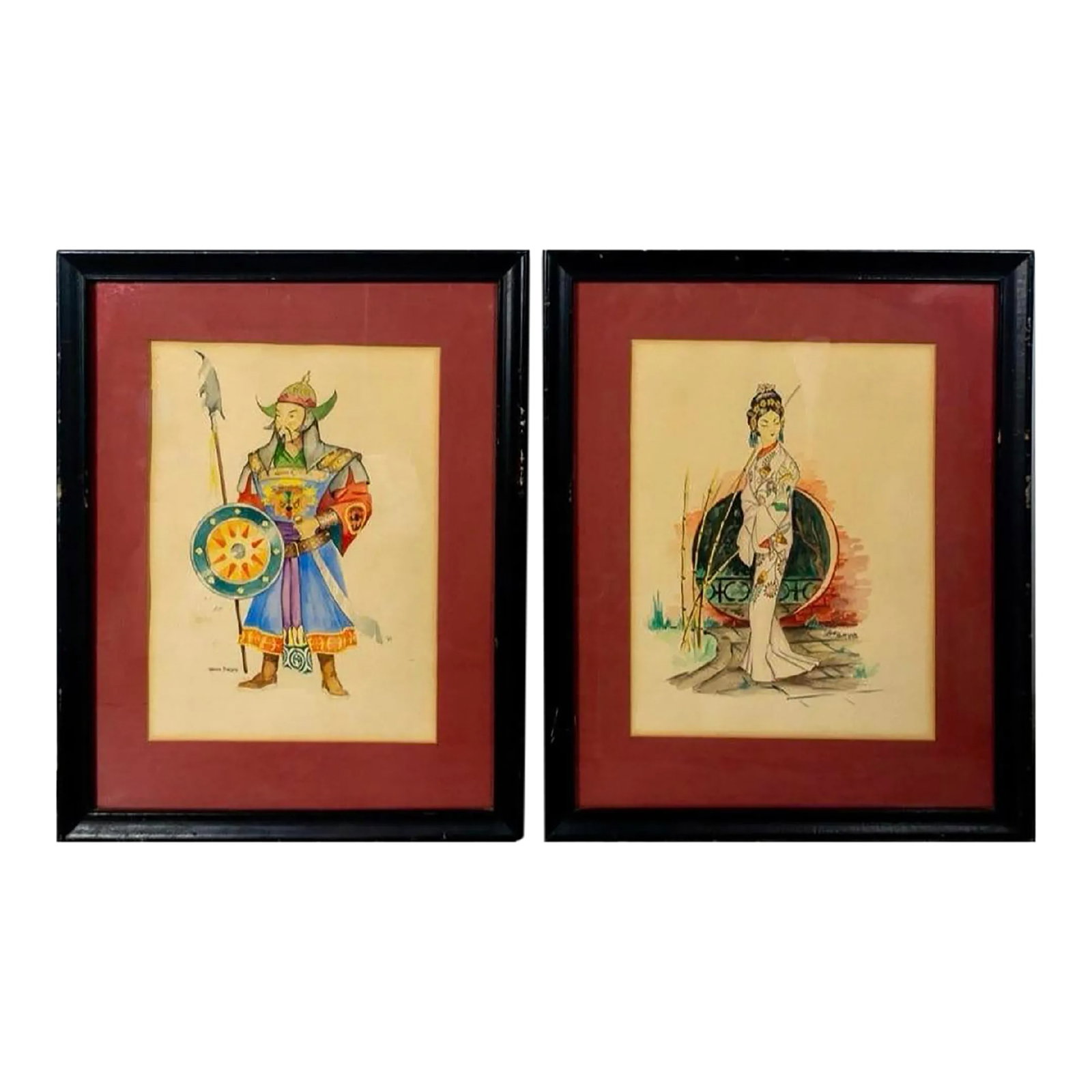 Mid 20th Century Stan Burger, Pair of Watercolor Paintings, Hime and Samurai: Two colorful vintage paintings in wood frames depicting a Japanese noblewoman and samurai warrior in full armor. Hime is the Japanese word for princess or a lady of higher birth. Framed size: 15.5"W