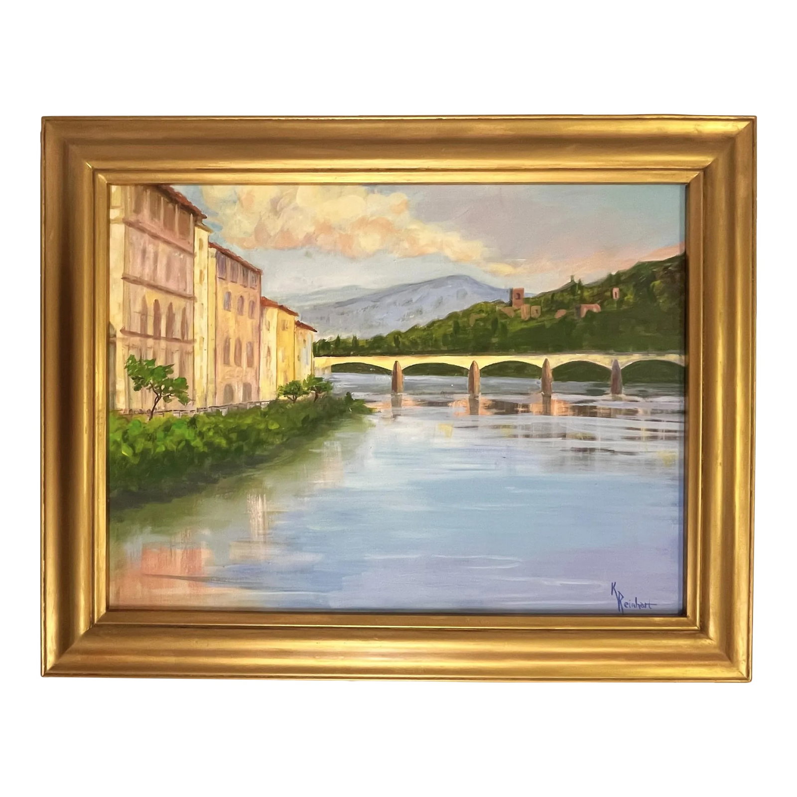 Signed Original Acrylic Painting by Karen Reinhart (American, 1938-2023) Titled 'The Bridge': Picturesque signed original acrylic painting on canvas by American artist Karen Reinhart (1938-2023). Karen was a beloved art teacher, and this was acquired from her Palm Beach Estate in 2024. The